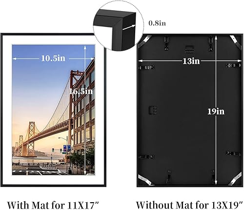 Miniatura 3 de Frametory, Marco de fotos de aluminio de 13 x 19 pulgadas, marco negro de 13 x 19 pulgadas con paspartú de color marfil para fotos de 11 x 17