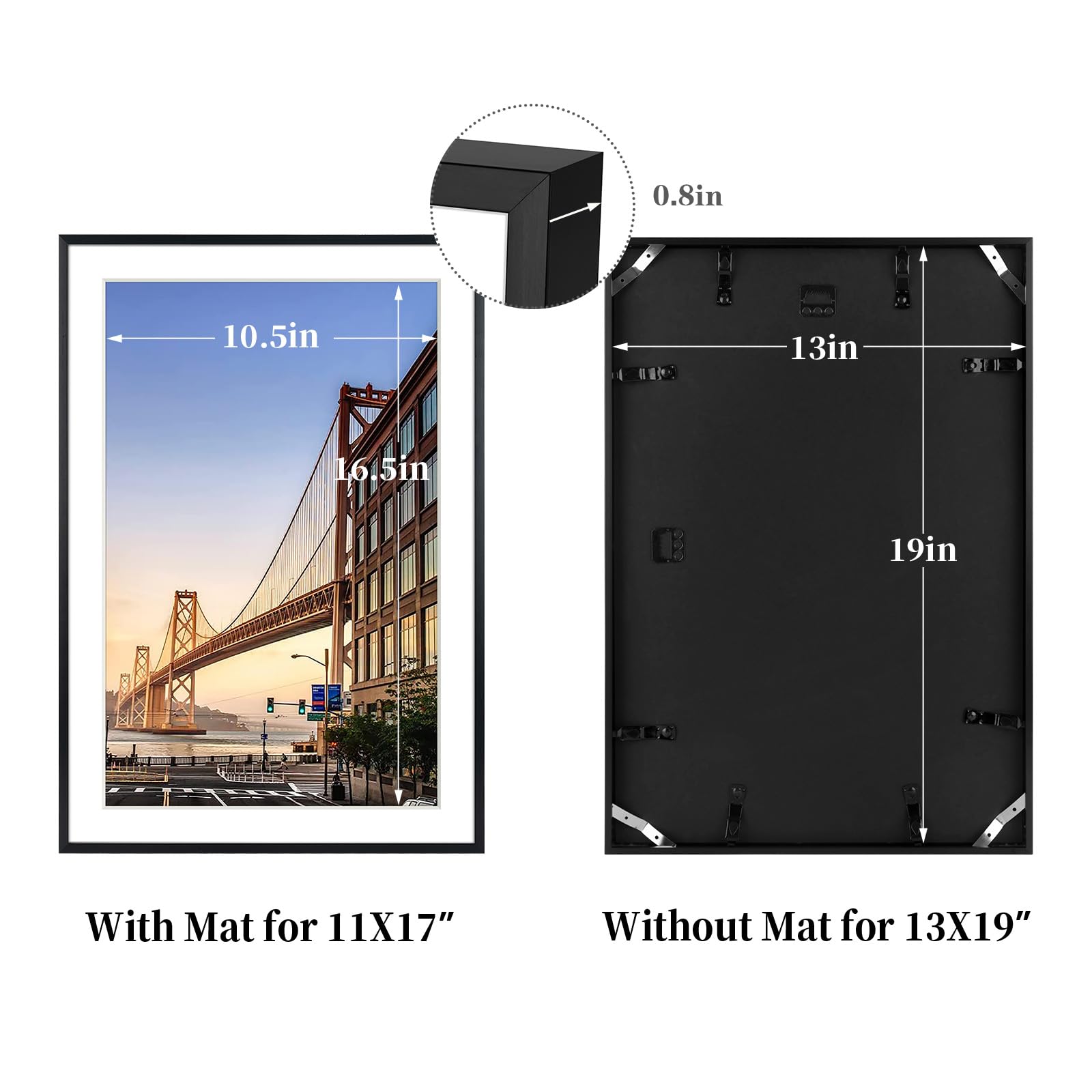 Frametory, Aluminiowa ramka na zdjęcia 13 x 19 – czarna ramka z matą w kolorze kości słoniowej do zdjęć 11 x 17 - metalowa ramka na zdjęcia 19 na 13 i prawdziwe szkło - wieszak na piłokształt w