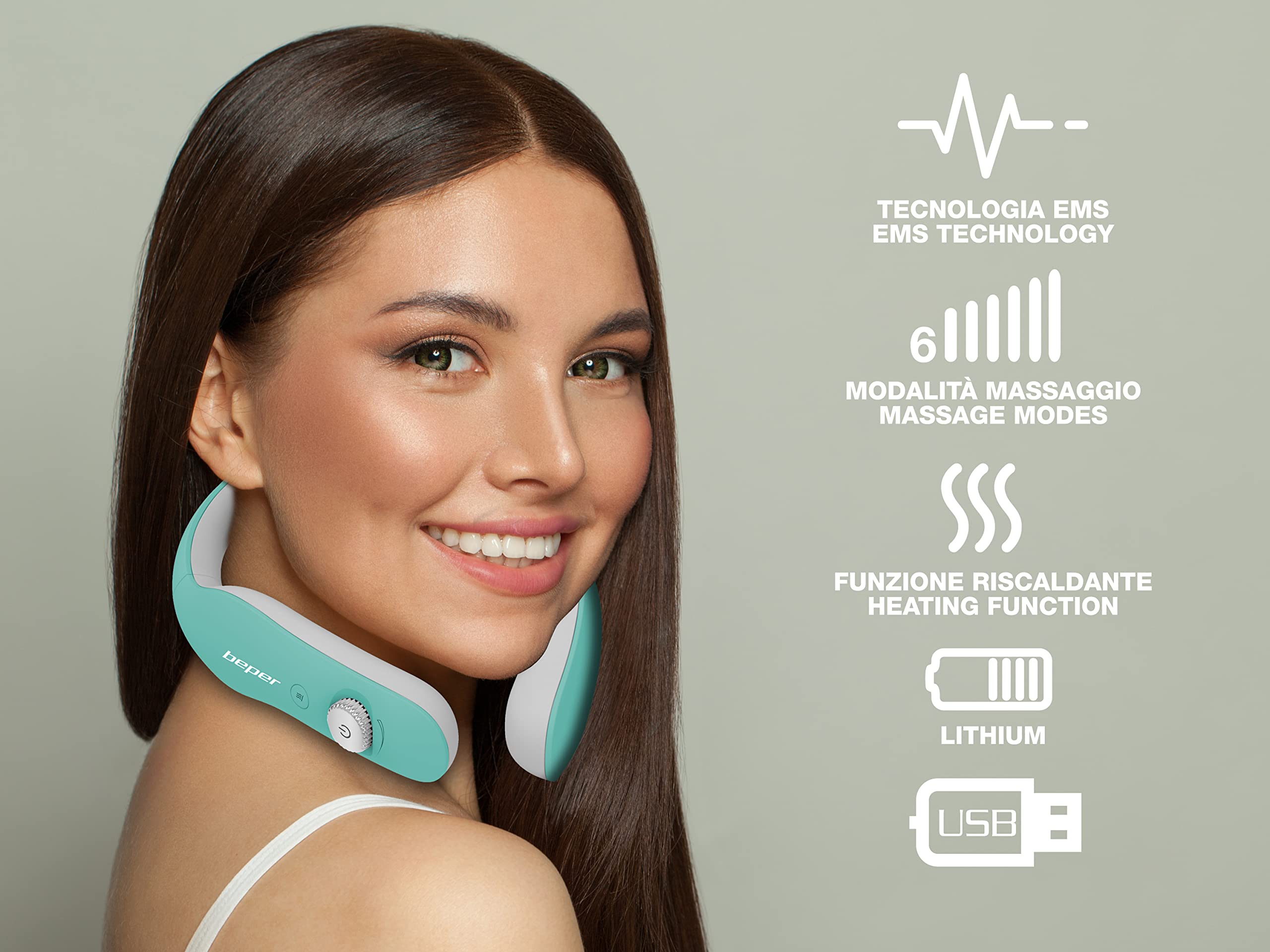 BEPER P302MAS100 Massaggiatore Cervicale, Massaggiatore Collo, 6 Modalità, Intensità regolabile, Funzione Riscaldamento, Ricaricabile, USB Incluso