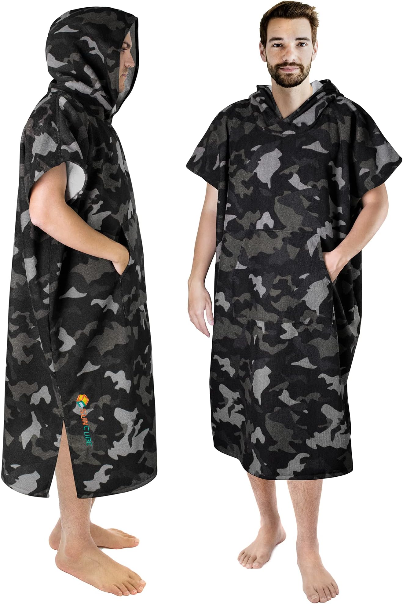 SUN CUBE Surf Poncho Changing Robe with Hood | Quick Dry Microfiber Wetsuit Changing Towel with Pocket for Surfing Men Women, Camo Black, One size