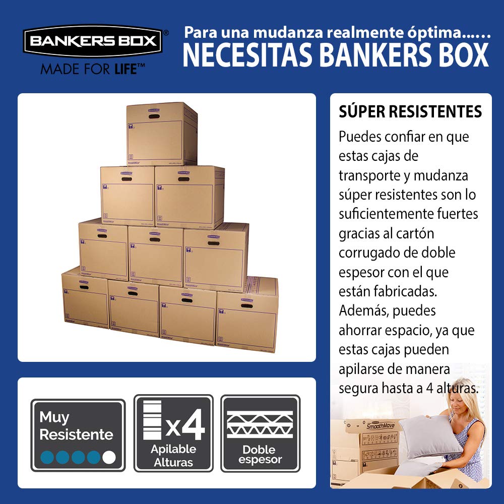 BANKERS BOX - Pack 10 Cajas de Cartón para Mudanza, 67 L, (55 x 35 x 35 cm) con asas y ultra resistentes. Para Mudanzas, Almacenaje y Transporte, Canal Doble Reforzado (Talla XL), 100% reciclable