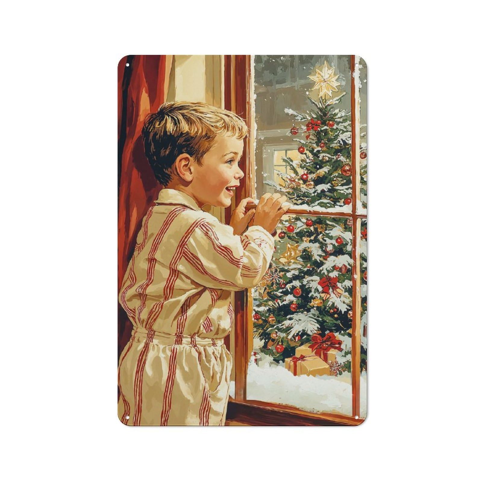 Junmoney Boys Gazing At Christmas Tree Metal Sign 30X20cm With For Workshop Wall, Vintage Decor, A Decorative Christmas Gift For Metal Sign Collectors