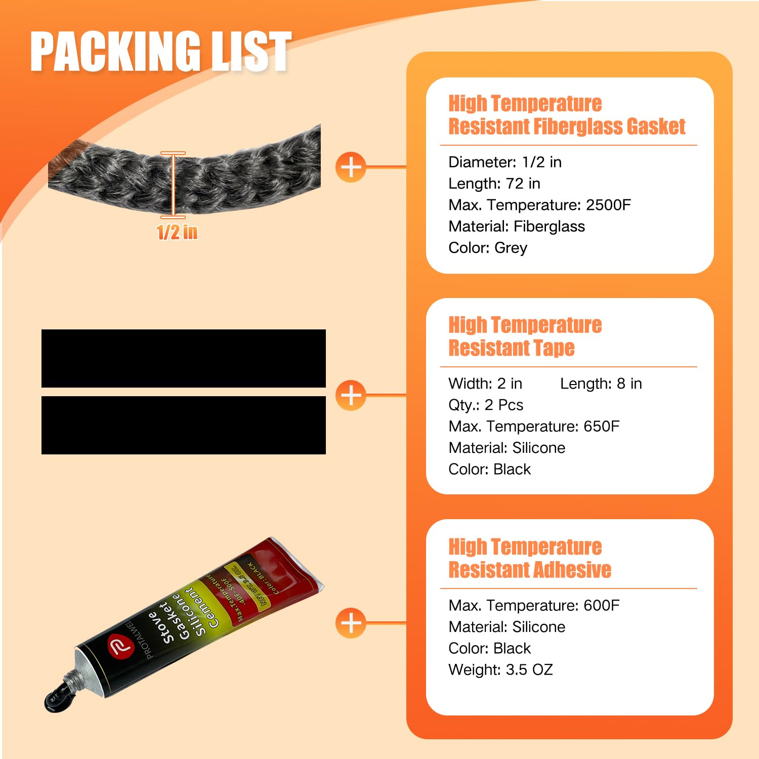 Wood Stove Gasket, 12mm(1/2") Wood Stove Door Gasket Kit - Image 2