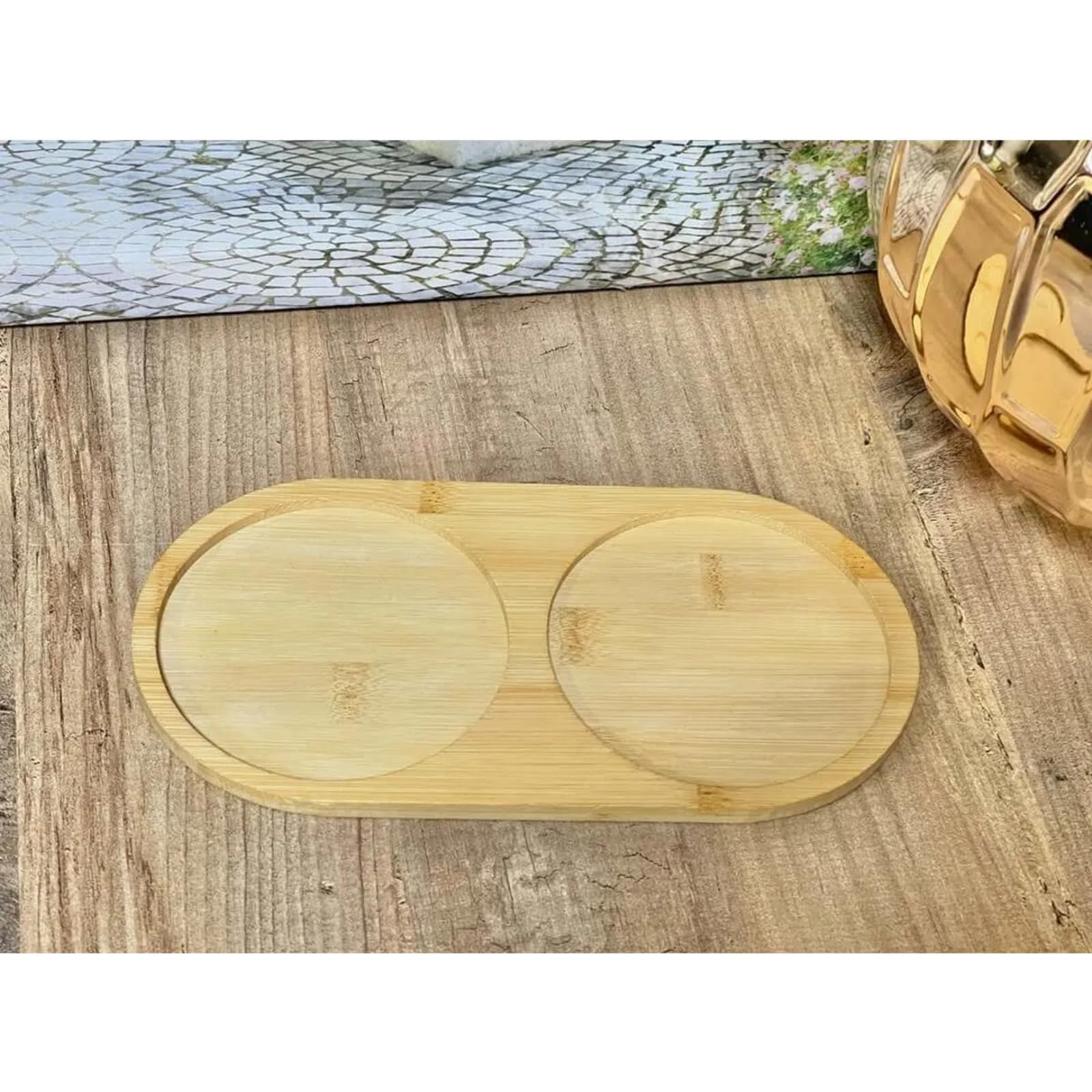 Bambu 2 Bölmeli Oval Yağdanlık ve Sosluk Altlığı - Şık Doğal Ahşap Görünümlü Stand, Mutfak Tezgahı İçin Düzenleyici ve Çok Amaçlı Kullanım