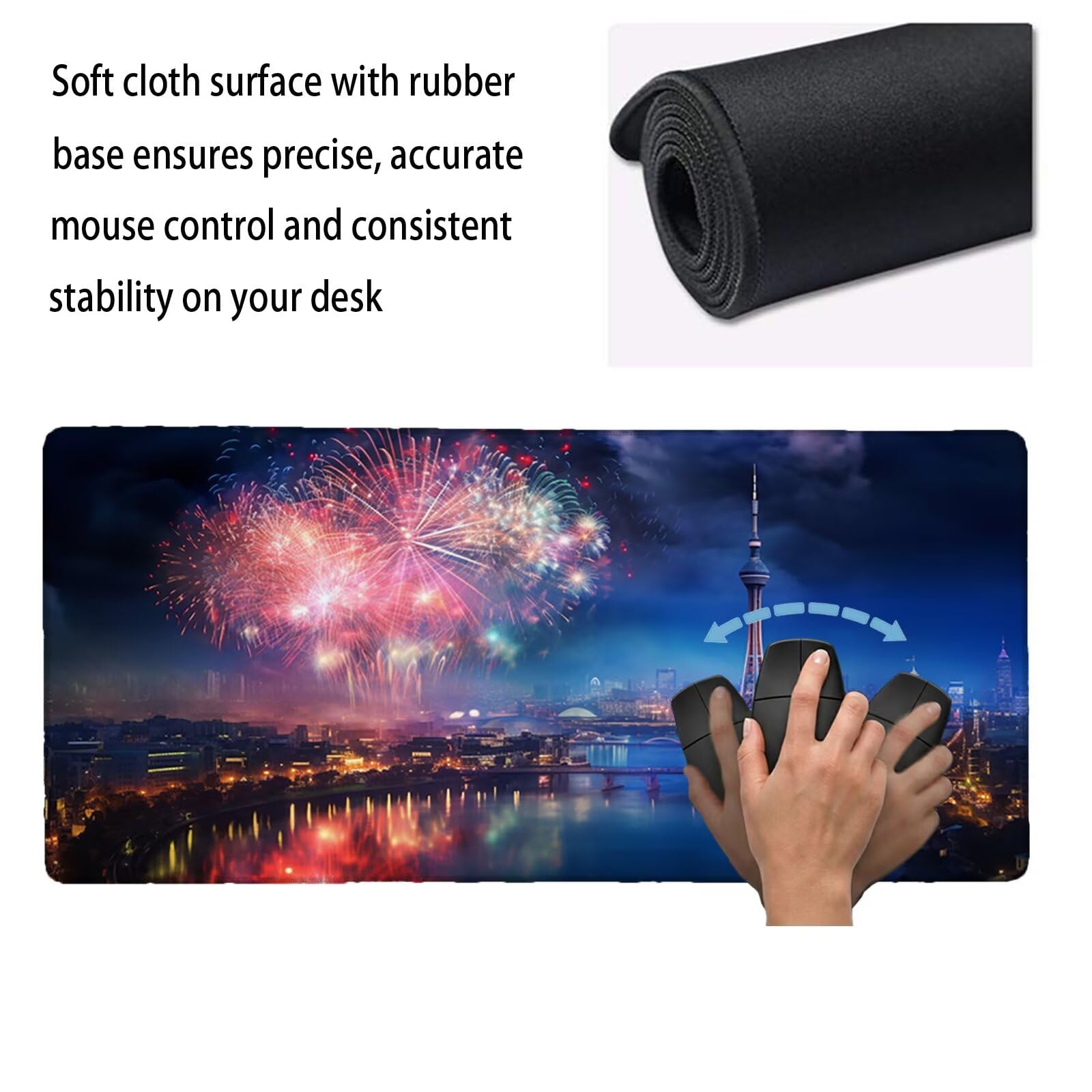 Tappetino Mouse XXL 1200 x 600 x 3 mm, Sottomano Scrivania, Fuochi D'Artificio Grande Tappeto da Tavolo con Base in Gomma Antiscivolo e Bordi Cuciti, per Ufficio/Computer/Gaming (Città) L-x8418
