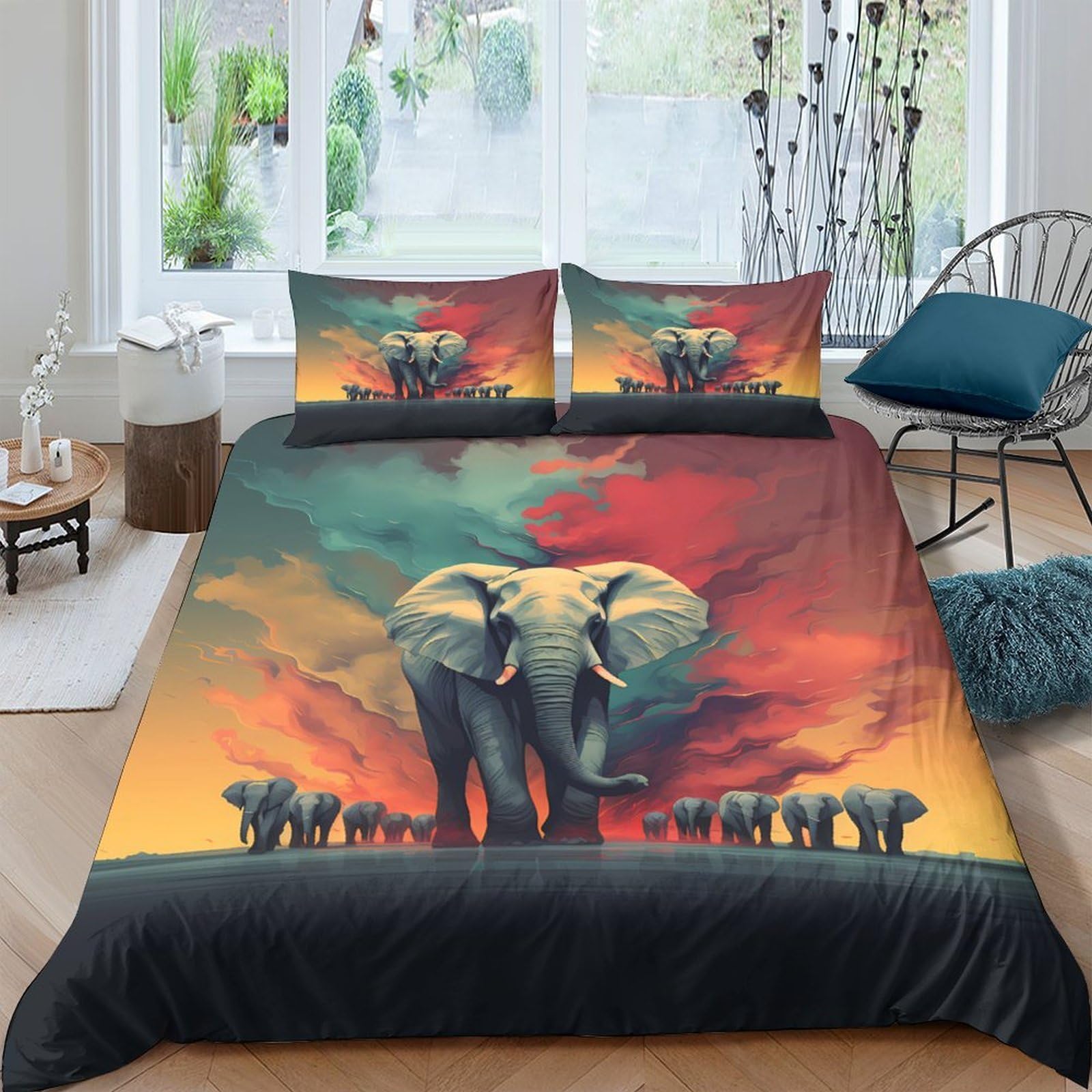 Ctjqhvkz Style-1 3D Printed Elephant Sunset Fitted Sheet Microfiber Soft Anti-Slip African Wildlife Mattress Cover Bedroom Decor Single（135X200cm）