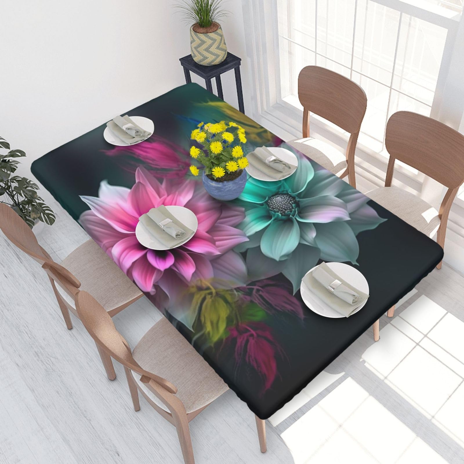 Beautiful Flowers Waterproof Square Table Cover Elastic Fitted Tablecloth Oil Proof Table Protector For 4ft Table