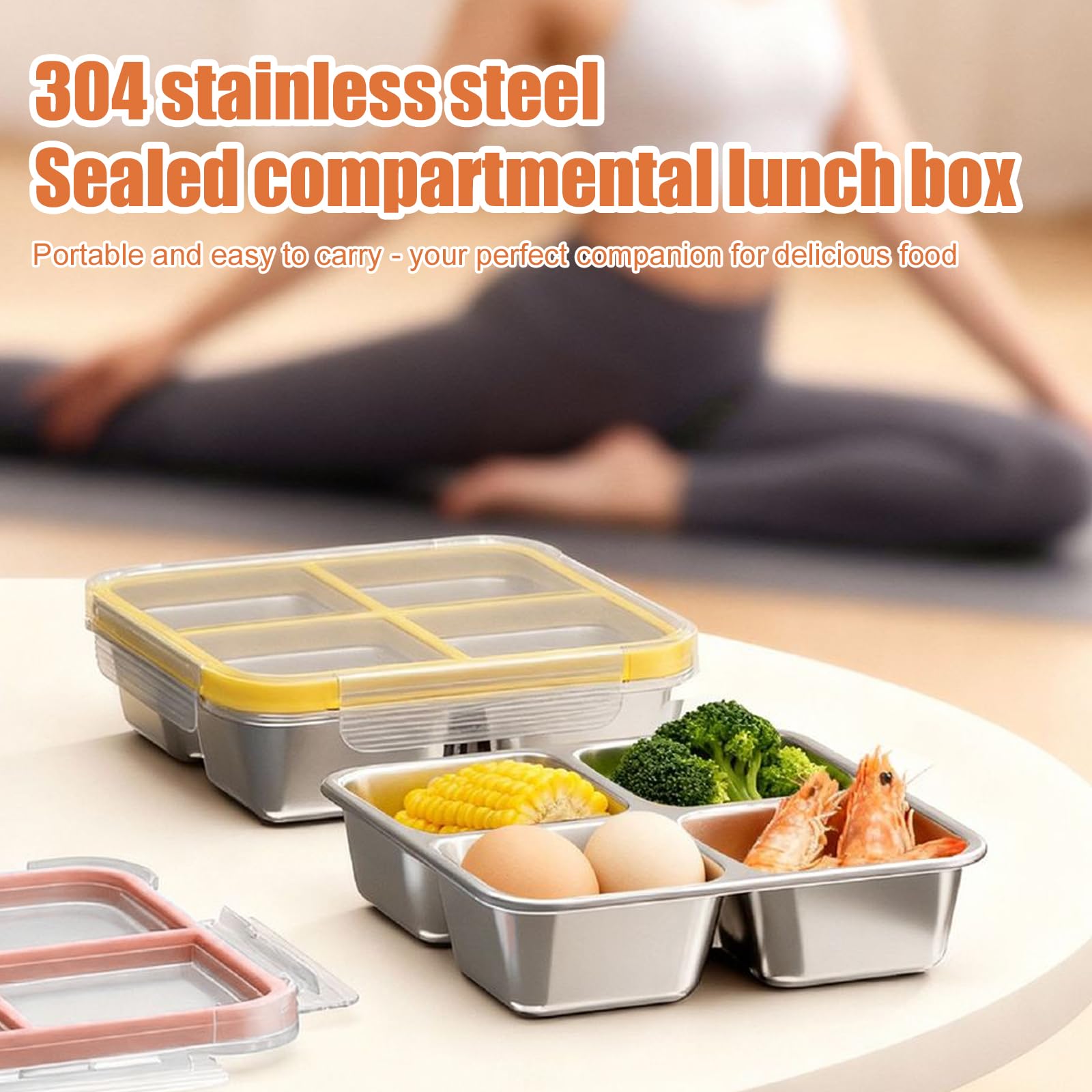PORFOYO Set di 2 contenitori per alimenti per adulti con scomparti, in acciaio inox, 720 ml, suddivisi in quattro volte, contenitore per il pranzo in metallo, per adulti e bambini
