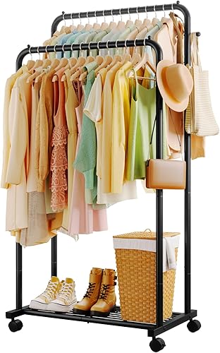 Sakugi Perchero de ropa – Perchero de doble barra con estante de malla, ganchos y ruedas, estantes de ropa de metal para colgar ropa y bolsas, Negro