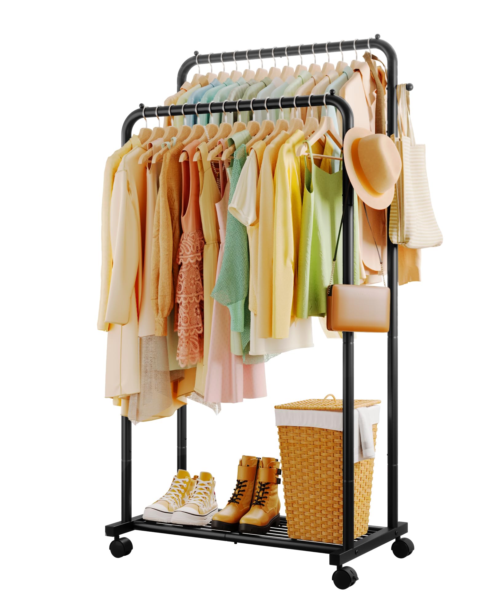 Sakugi Clothes Rack - Double Rods Clothing Rack with Mesh Shelf, Hooks & Wheels, Metal Clothing Racks for Hanging Clothes & Bags, Multifunctional Garment Rack for Laundry, Black, 28.7" x 16.5" x 59.1"