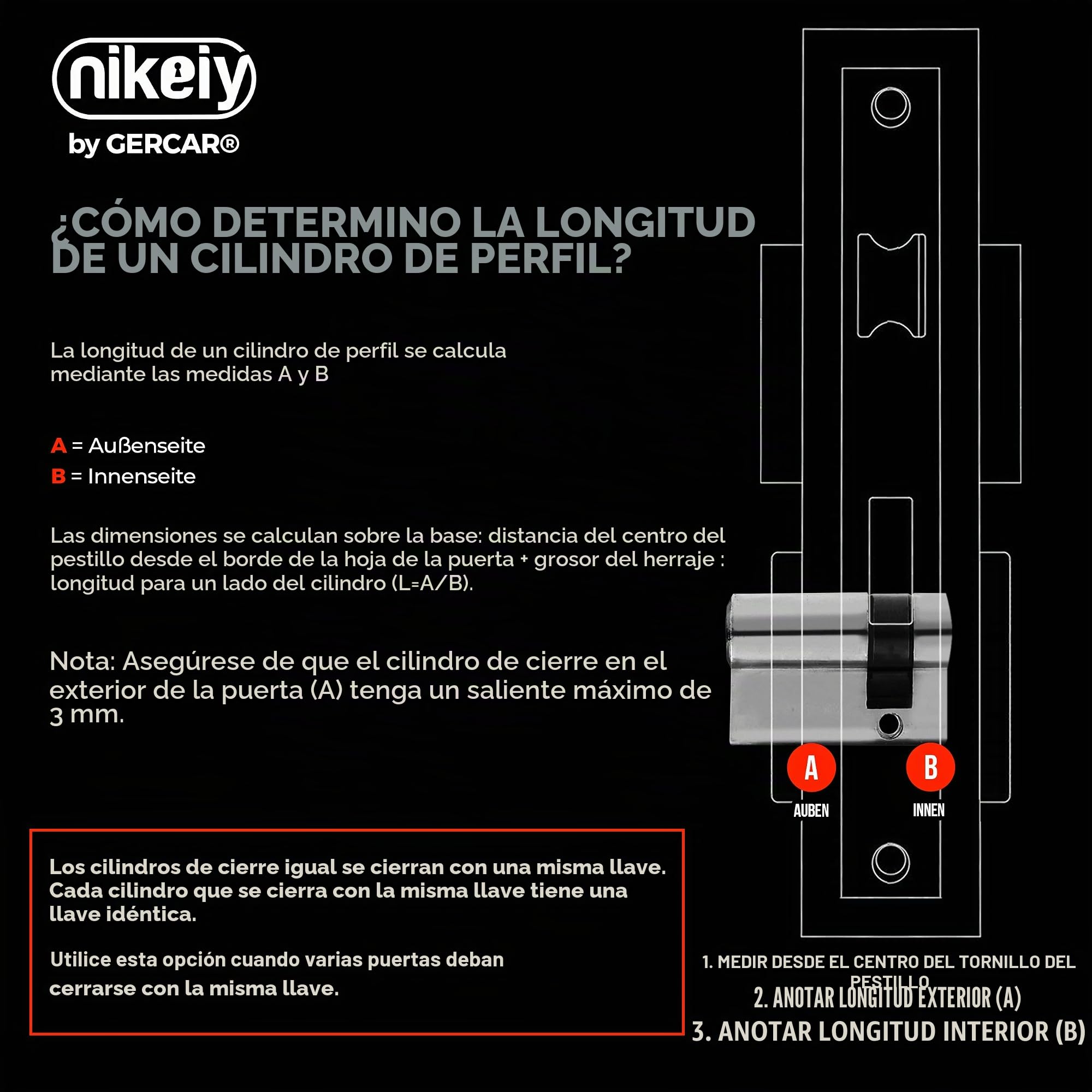 GERCAR Cilindro medio 10/30 con perfil, cilindro de cerradura, cerradura de cilindro, cerradura de puerta - incl. 5 llaves - Individual - Longitud: 40mm, A:10 B:30 - Juego de 1 unidad