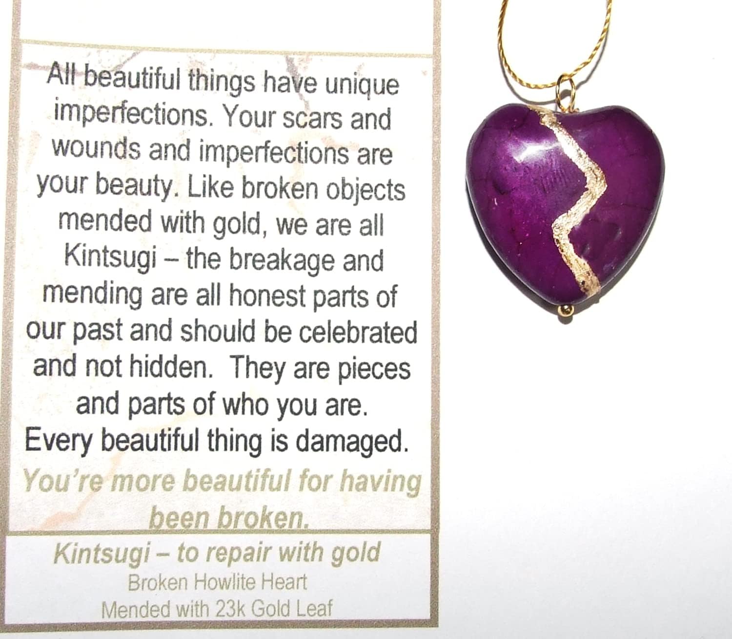 Large 1" Purple Howlite Broken Heart Mended with 23k Gold, Kintsugi Cord Necklace