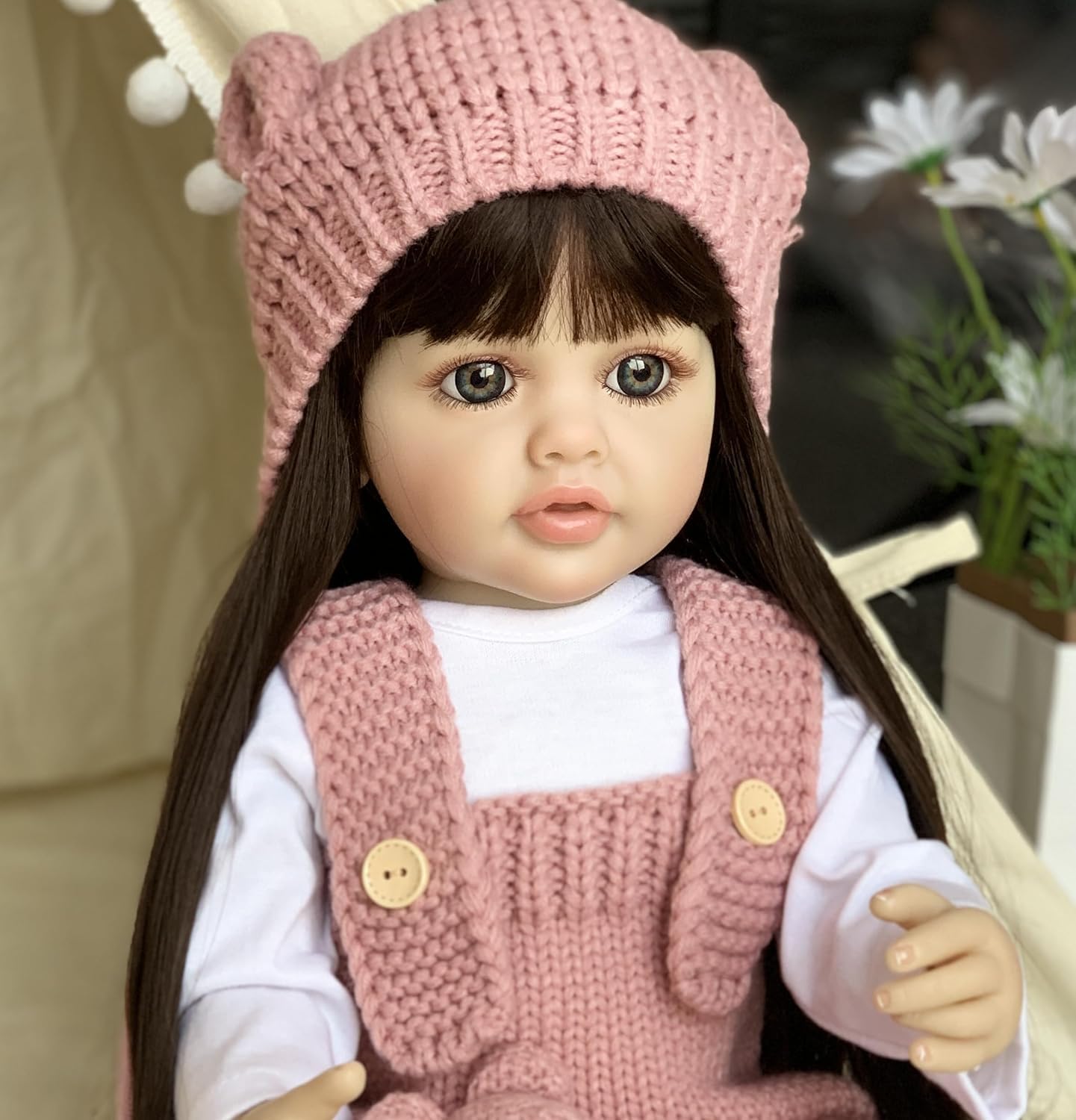 Ramokdu Reborn Baby Dolls Baby Soft Body Realistic Sound with Sensor & Activities! Lifelike Full Vinyl Silicone Body Reborn Baby Girl Doll Toy Princess Toddler Bebe with Brown Long Hair Gift