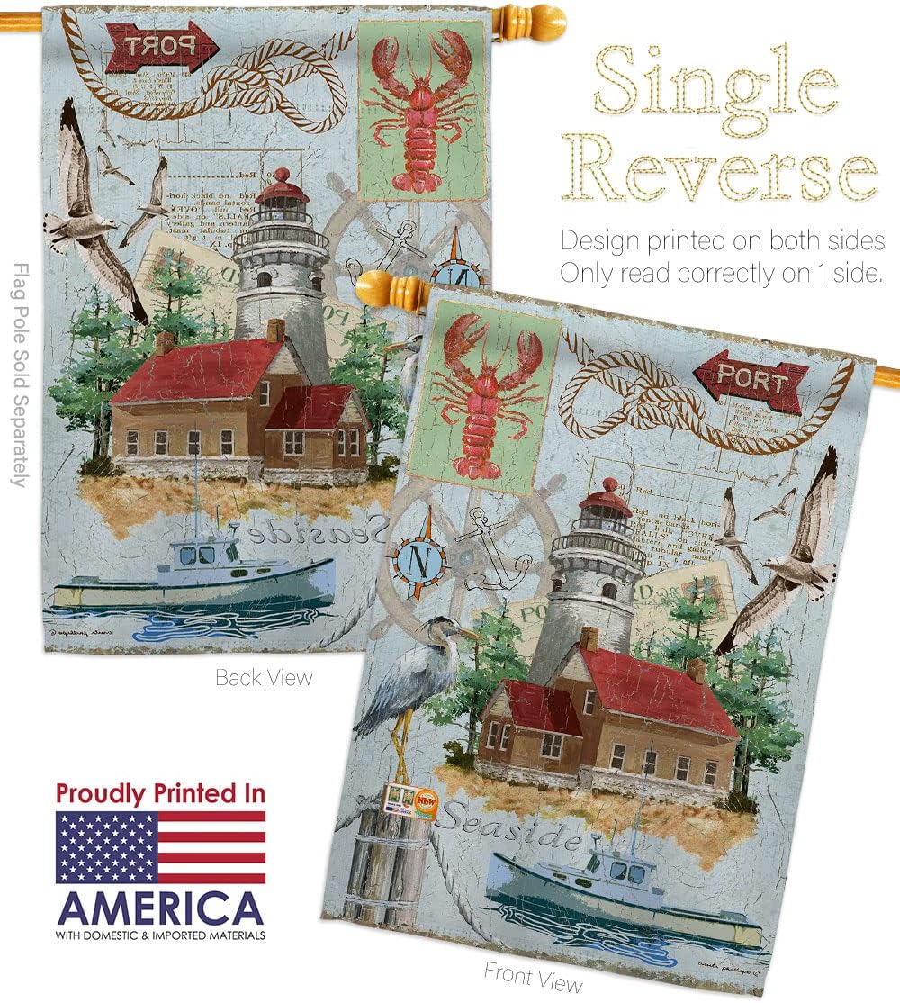 Seaside Lighthouse House Flag Dowel Set Coastal Nautical Anchor Sailor Sea Shells Outdoor Summer Ocean Small Decorative Gift Yard Banner Made In USA 28 X 40
