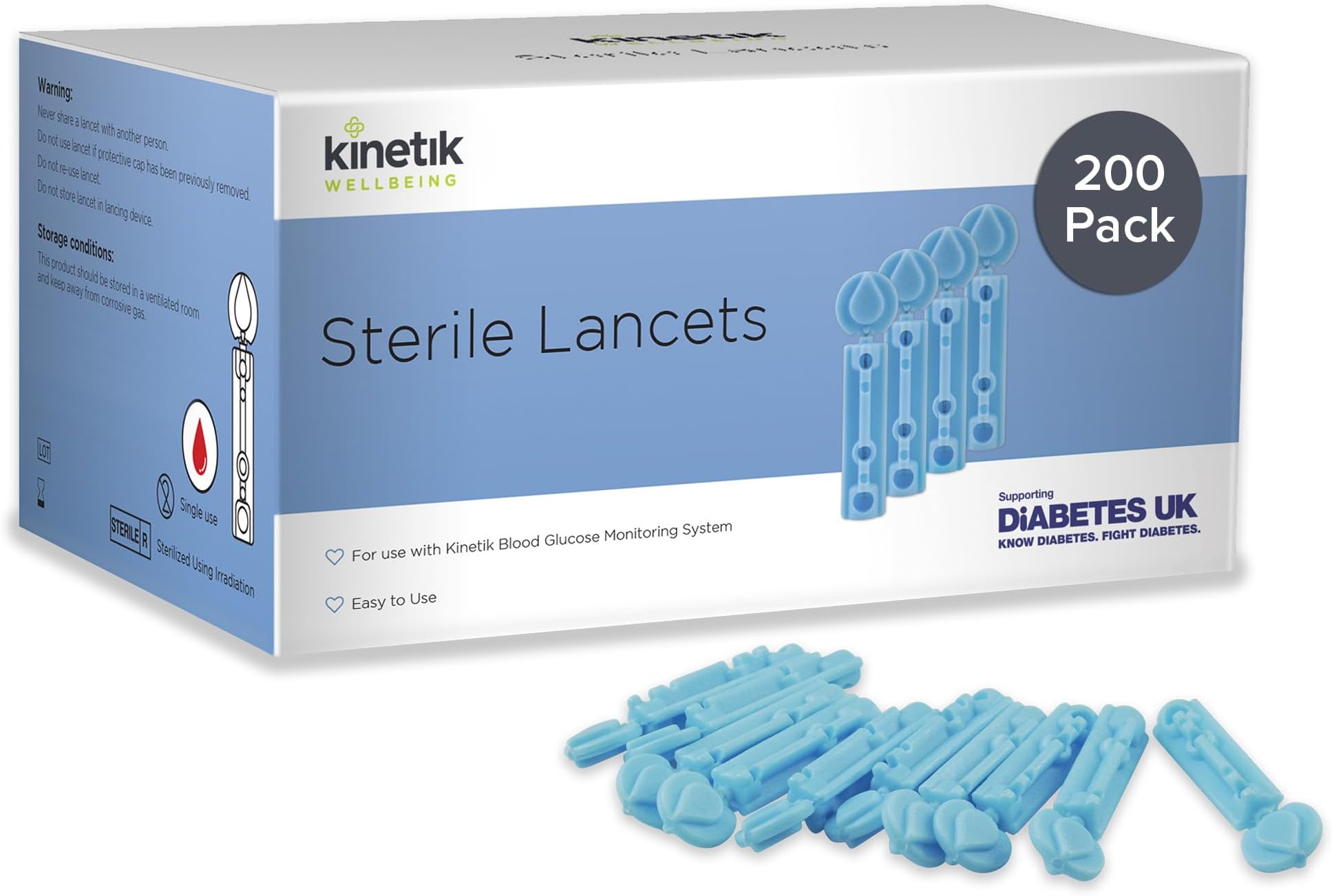 Kinetik Wellbeing Sterile Lancets Pack of 200 - Blood Glucose Testing Kit Lancets for Diabetes Management, Diabetic Finger Prickers - Blood Lancing Device, Type 1 & 2 Diabetics Accessories
