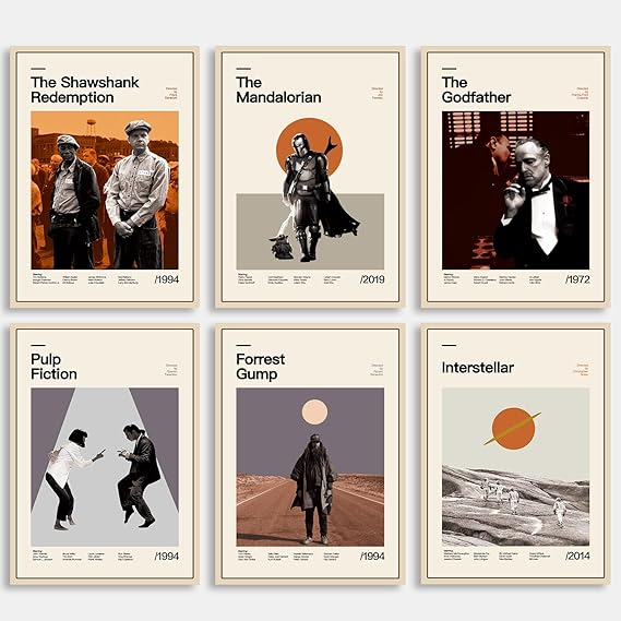 DECORRECOR Movie Posters Set of 6 Unframed Canvas Wall Art