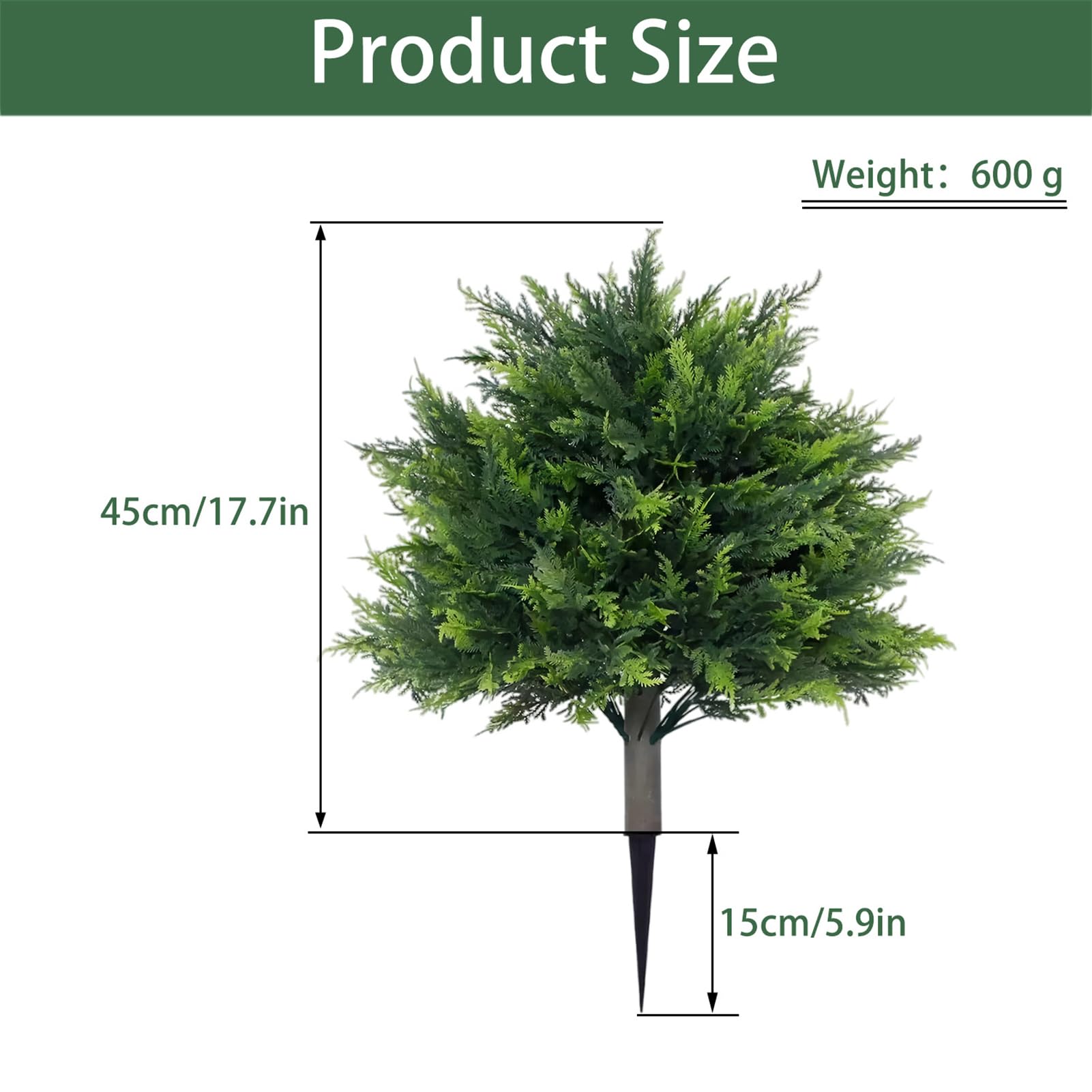 Faux Topiary, Artificial Cedar Tree, UV Resistant Outdoor Plant Decor, Ground Spike Included, Landscaping for Porch, Patio, Garden, Walkway, 17.72 inches PE Green 1 Piece