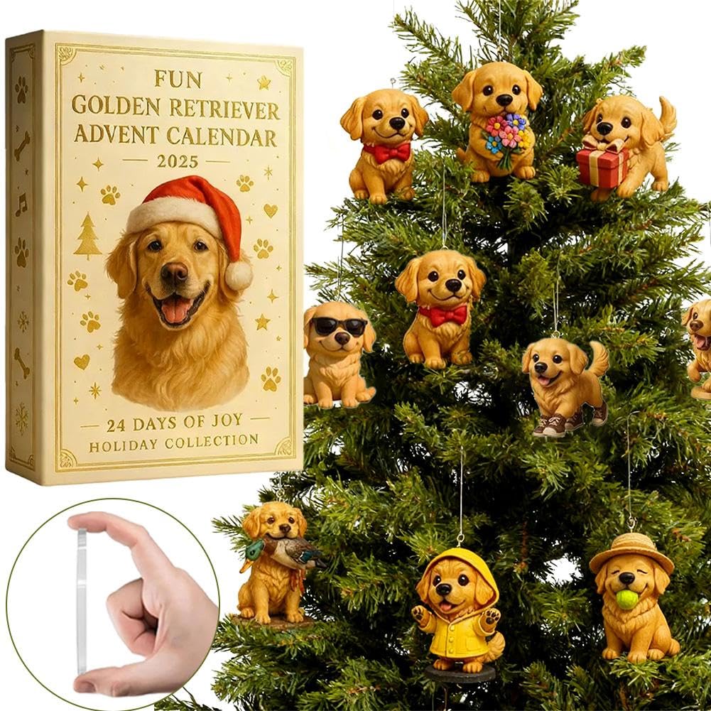 Divertente calendario dell'avvento 2025 con Golden Retriever, set regalo a tema cuccioli, conto alla rovescia per Natale da 24 giorni, con decorazioni 2D in acrilico per gli amanti degli animali