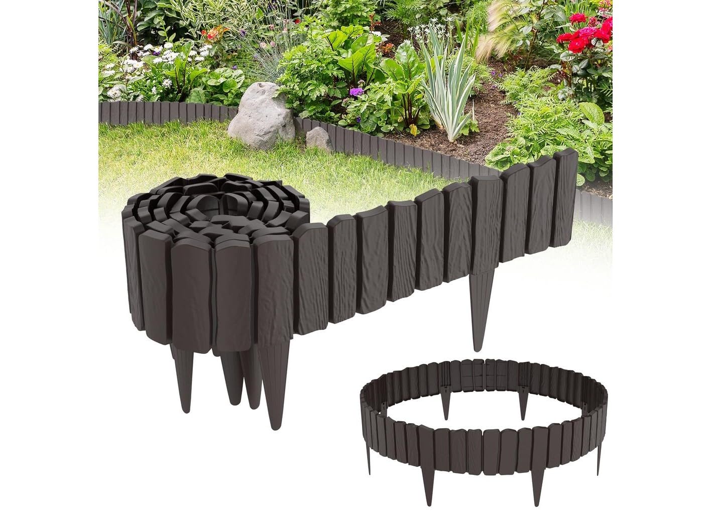 Flexible Garden Edging for Flower Beds, Lawn, Patio & Pavement, Wood Effect, Weather-Resistant Plastic, Easy Install Border, No Digging, 2.3m/7.4ft (BROWN)