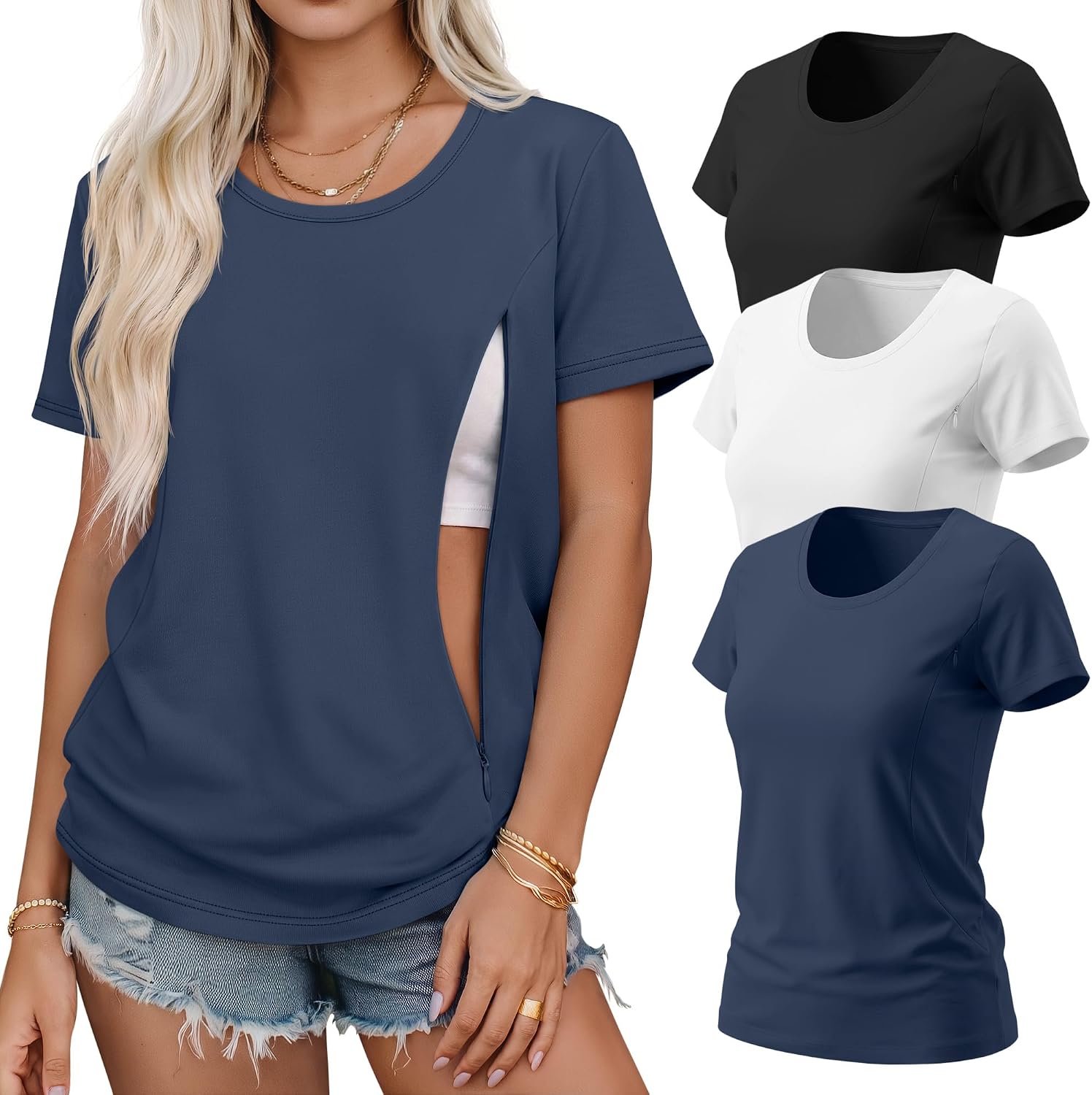 3 Pack Women's Nursing Shirts for Breastfeeding with Hidden Zipper Short Sleeve Crew Neck Loose Fit Maternity Tops