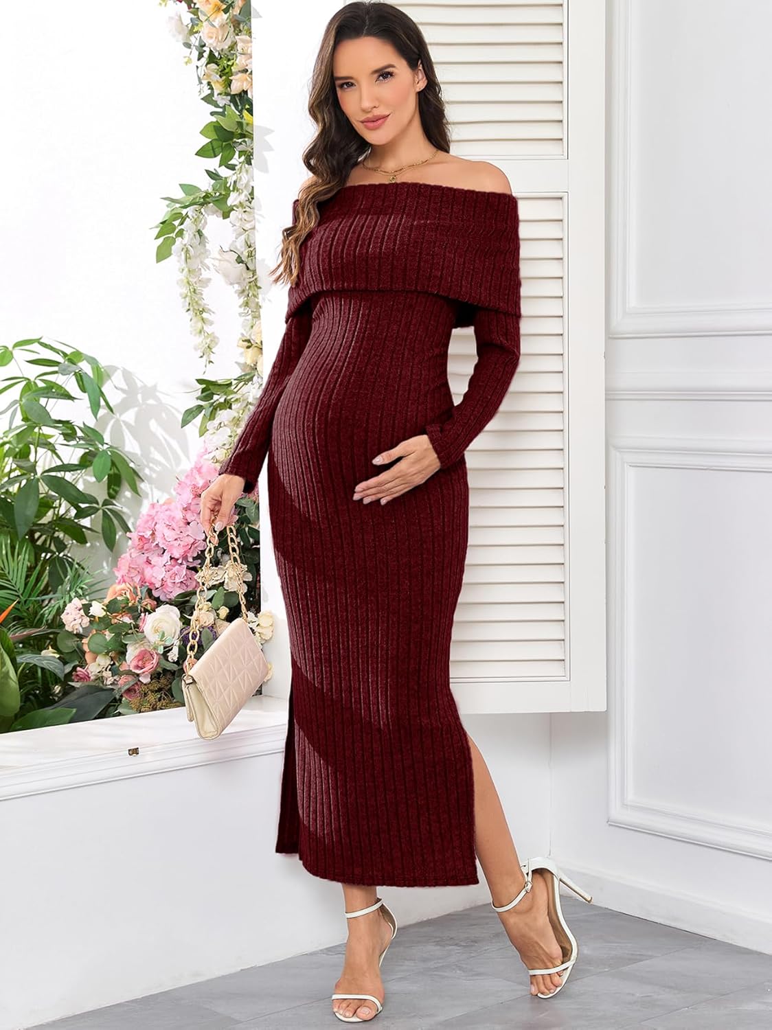 Maternity Sweater Dress Off The Shoulder Rib Knit Long Sleeve Dresses with Side Slit for Pregnancy Baby Shower - Image 6