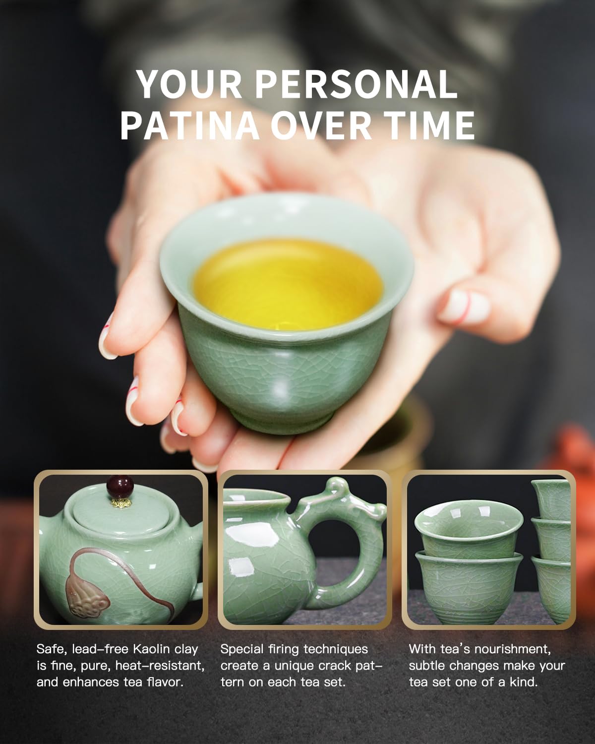 Traditional Chinese Tea Sets for Adults, Gongfu Teapot and Cups with Green Crackle Glaze, Lead-Free Ge Yao Porcelain Tea Set for Tea Party Ceremony Zen Meditation with Portable Gift Box