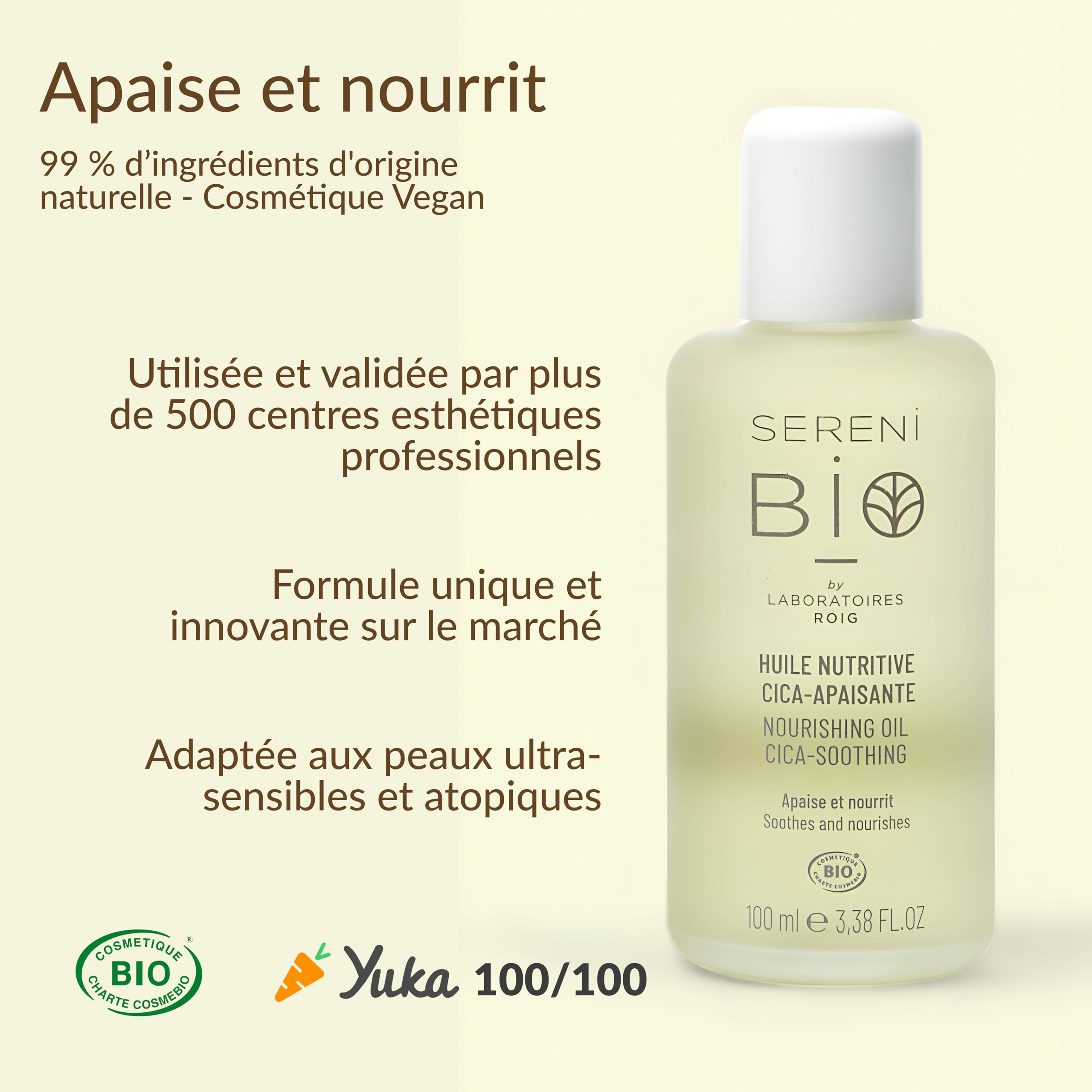 SéréniBio Huile Nutritive Centella Asiatica - Soin Visage Professionnel Certifié Bio Végan et Équitable - Apaise et Nourrit - Huile Hydratante Peaux Cheveux Ultra Sensibles - 100ml