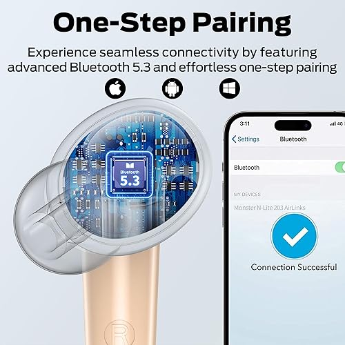 Miniatura 8 de Monster N-Lite 203 AirLinks - Auriculares inalámbricos, Bluetooth 5.3, estéreo de alta fidelidad, auriculares inalámbricos con reproducción de 30