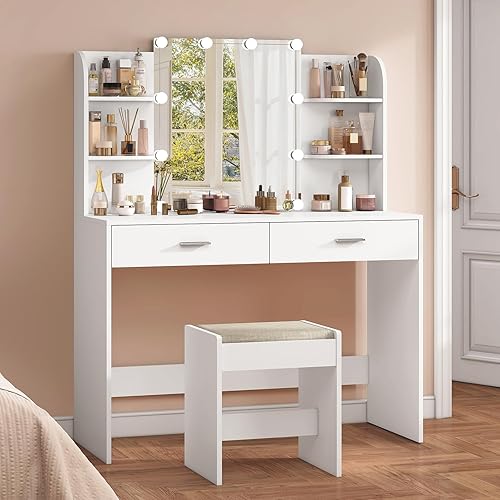 Miniatura 34 de usikey Juego de tocador grande con espejo iluminado y estación de carga, tocador de maquillaje con 4 estantes de almacenamiento y 4 cajones, 43.5"W