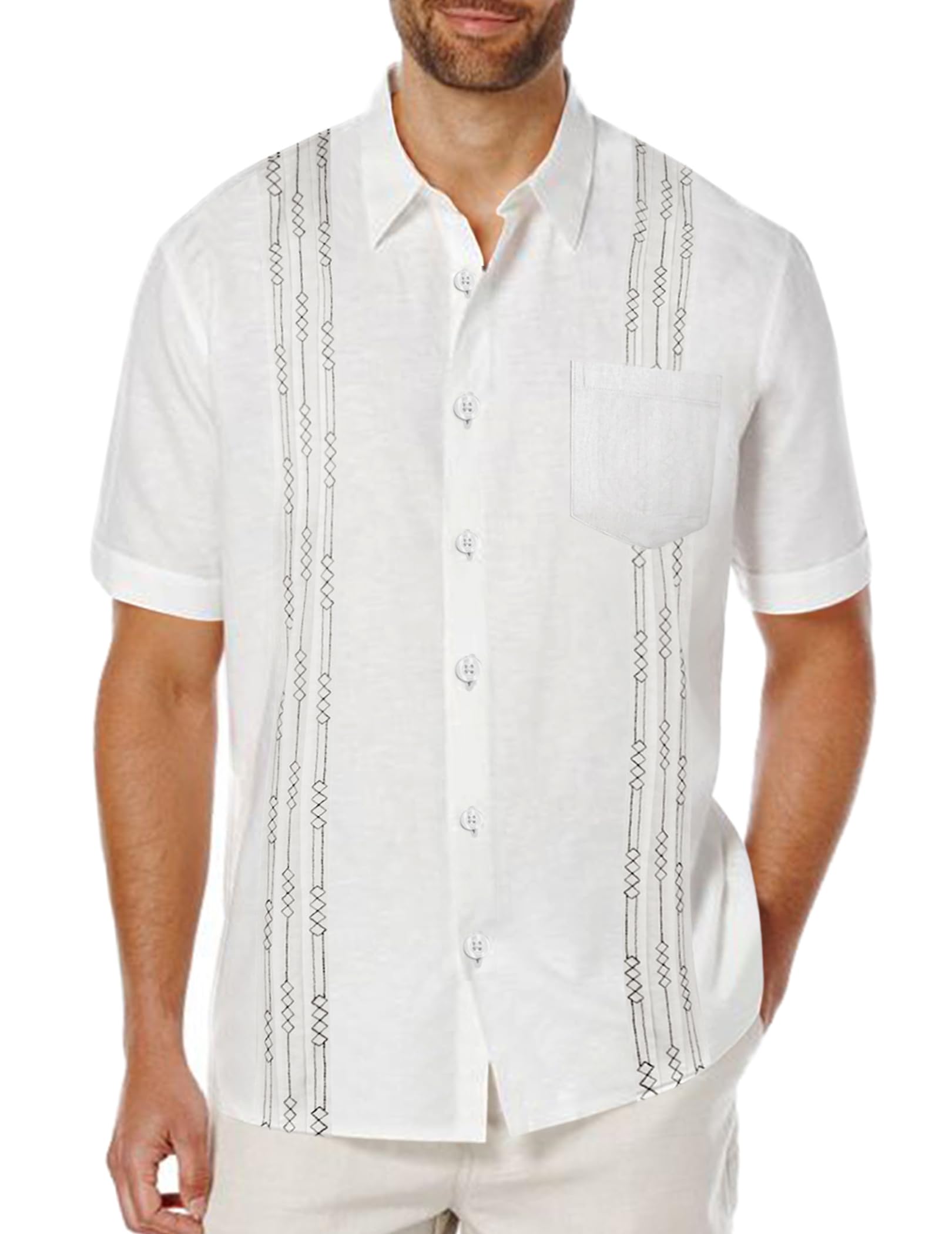 Men's Short Sleeve Linen Shirt Cuban Beach Tops Pocket Guayabera Shirts