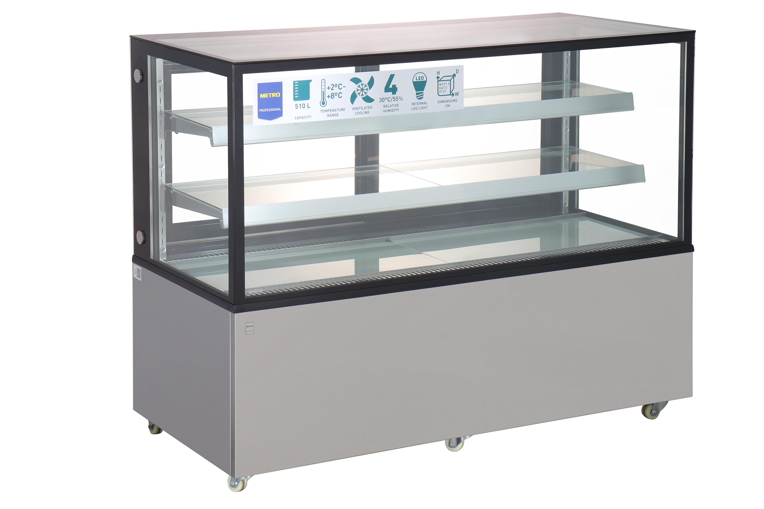 METRO Professional Vetrina Refrigerante GCV1470, Acciaio Inox/Vetro, 151.5x67.5x121 cm, 510L, 490W, 2 Ripiani, con Ruote, Argento