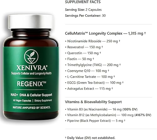 Miniatura 3 de Xenivra Regenix Suplemento de longevidad NAD & Booster  Energía celular y apoyo para la reparación del ADN  Resveratrol, quercetina, CoQ10 y