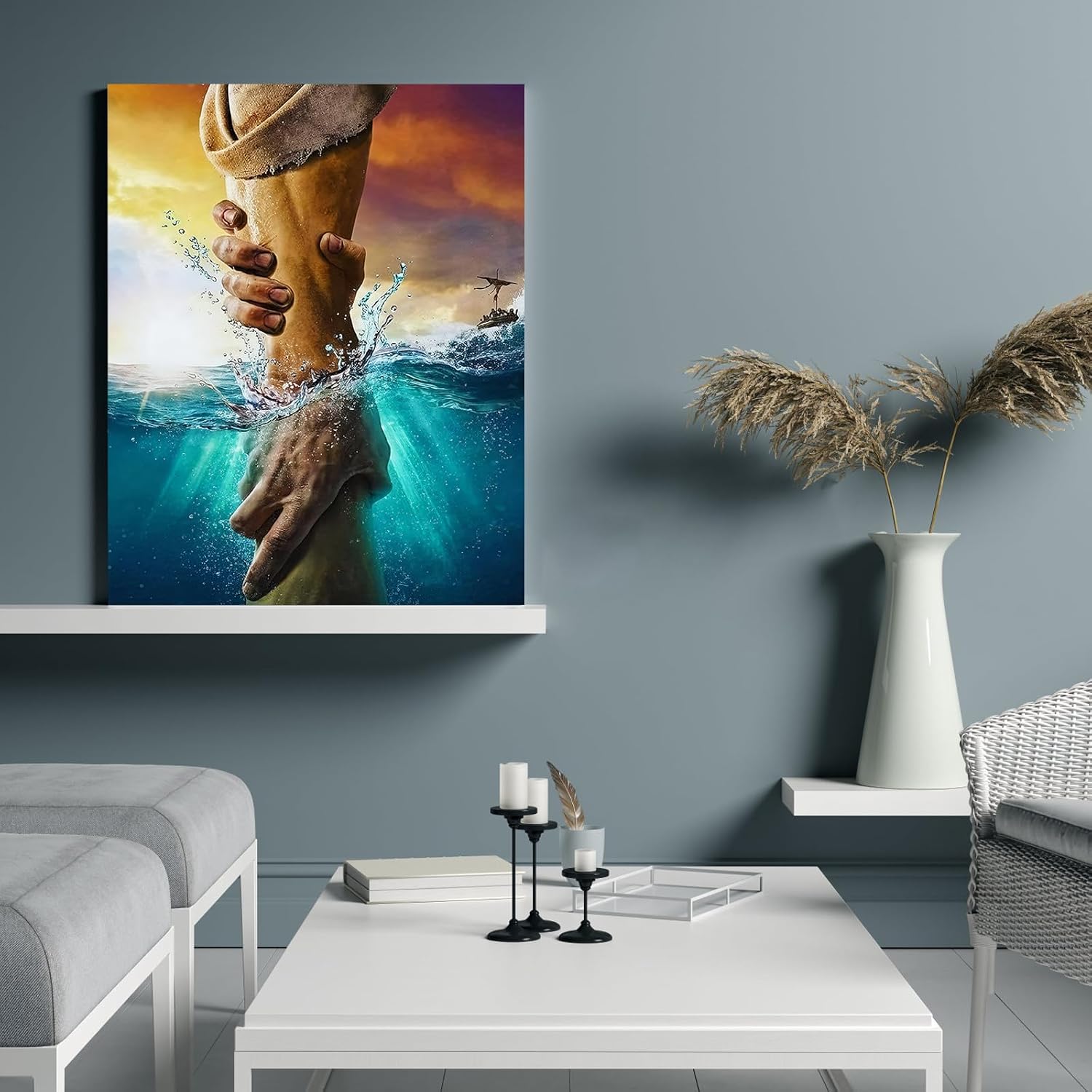 framed jesus wall art, christian the hand of god jesus reaching into water christ religion canvas wall art decor blue ocean bible pictures posters prints for church prayer room 12x16inch jesus2 16"l x 12"w