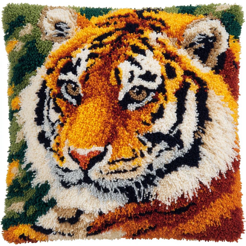 Taxpy Latch Hook Kits, Animal Tiger Pillow for Pillow Pre-Printed Patterns Pillowcase Needlework Crochet Yarns Latch Hooking Cushion 17x17inch