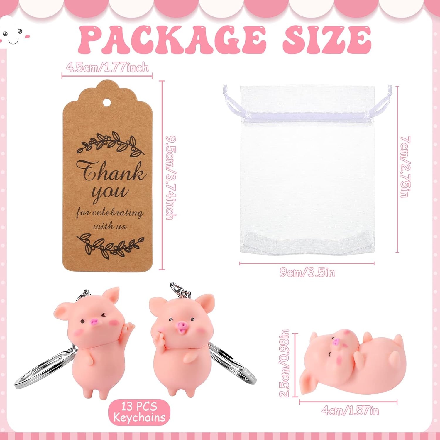 Inbagi 39 Pack Pig Party Favors with Pink Pig Keychains, Thanks Tags and Organza Gift Bags for Animal Themed Birthday Party Decorations, Piggy Baby Shower