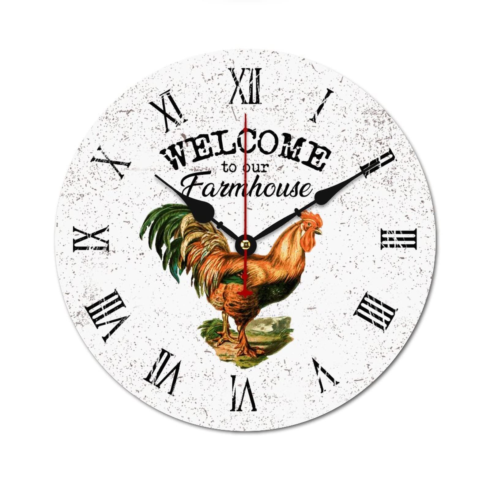 Horloge ronde en bois à piles grand format motif coq rétro pour lecture facile