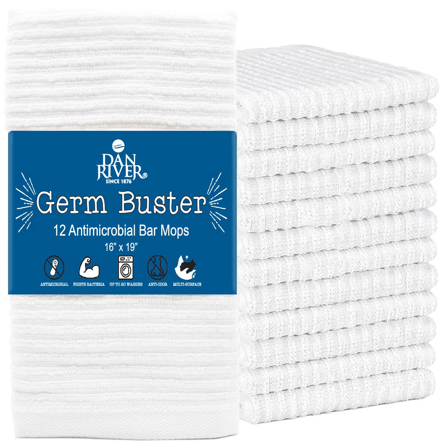 DAN RIVER 100% Cotton Bar Mop, 16x19 inches, Pack of 12, 350 GSM, White - Super Absorbent Multi-Purpose Cleaning Towels for Home, Bar, Kitchen, Restaurants, Mopping Floor, Offices, and Commercial Use