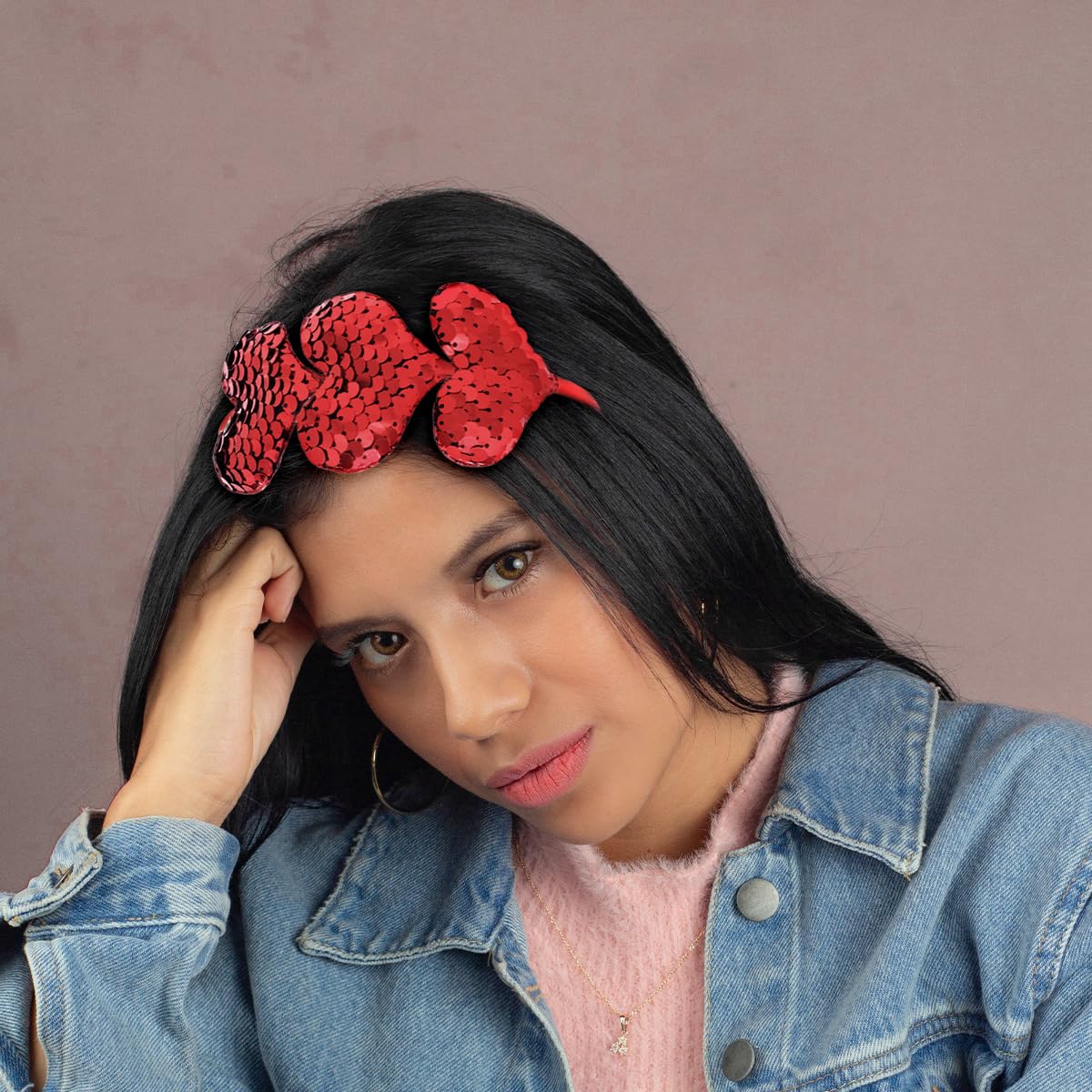Kit De Diadema Y Gafas En Forma De Corazón Para San Valentín - Color Rojo Con Lentejuelas Brillantes - Accesorios De Fiesta