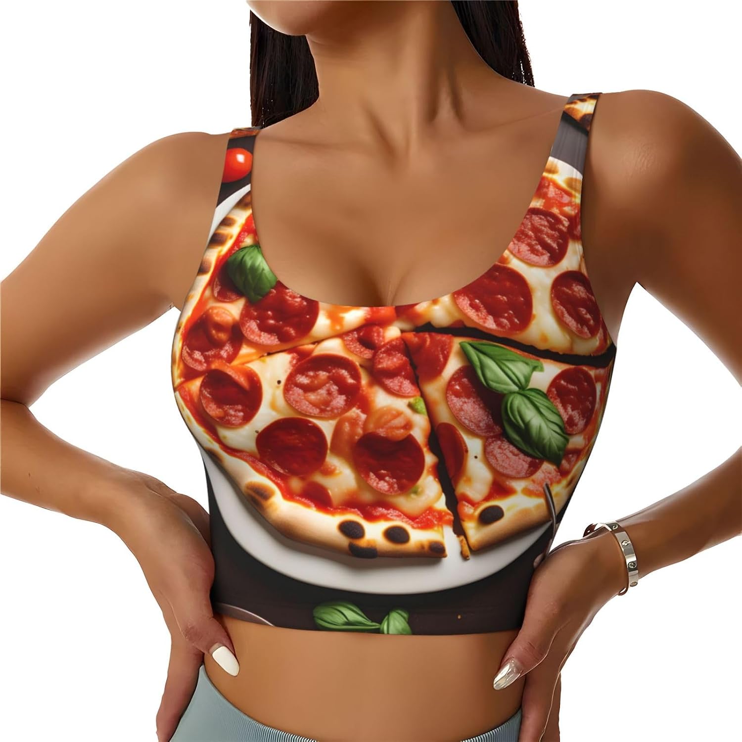 Pizza Food Print Women'S Sports Bra Tank Tops,Longline Sports Bras For Yoga,Workout And Running