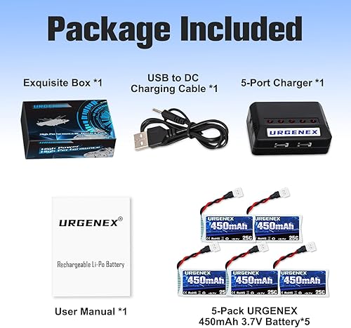 Miniatura 5 de URGENEX 5 unids 3.7 V 450 mAh Drone Batería 25C 1S Lipo batería con Molex Plug 5in1 Cargador para SYMA Q11 AT-96 TR-C385 TR-P51 TR-F22 H99W H31 H6C