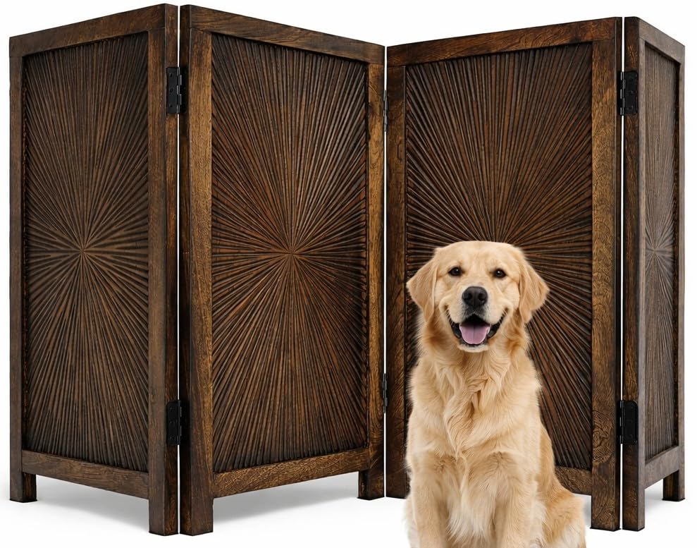 Pet Gate Indoor Foldable in Raise Wood-4 Panel Dog Safety Gate, 56" W x 28" H, Hand-Carved Solid Wood & MDF,Free Standing Portable Indoor gate for doorways, Halls, Stairs- Fully Assembled, Burnt