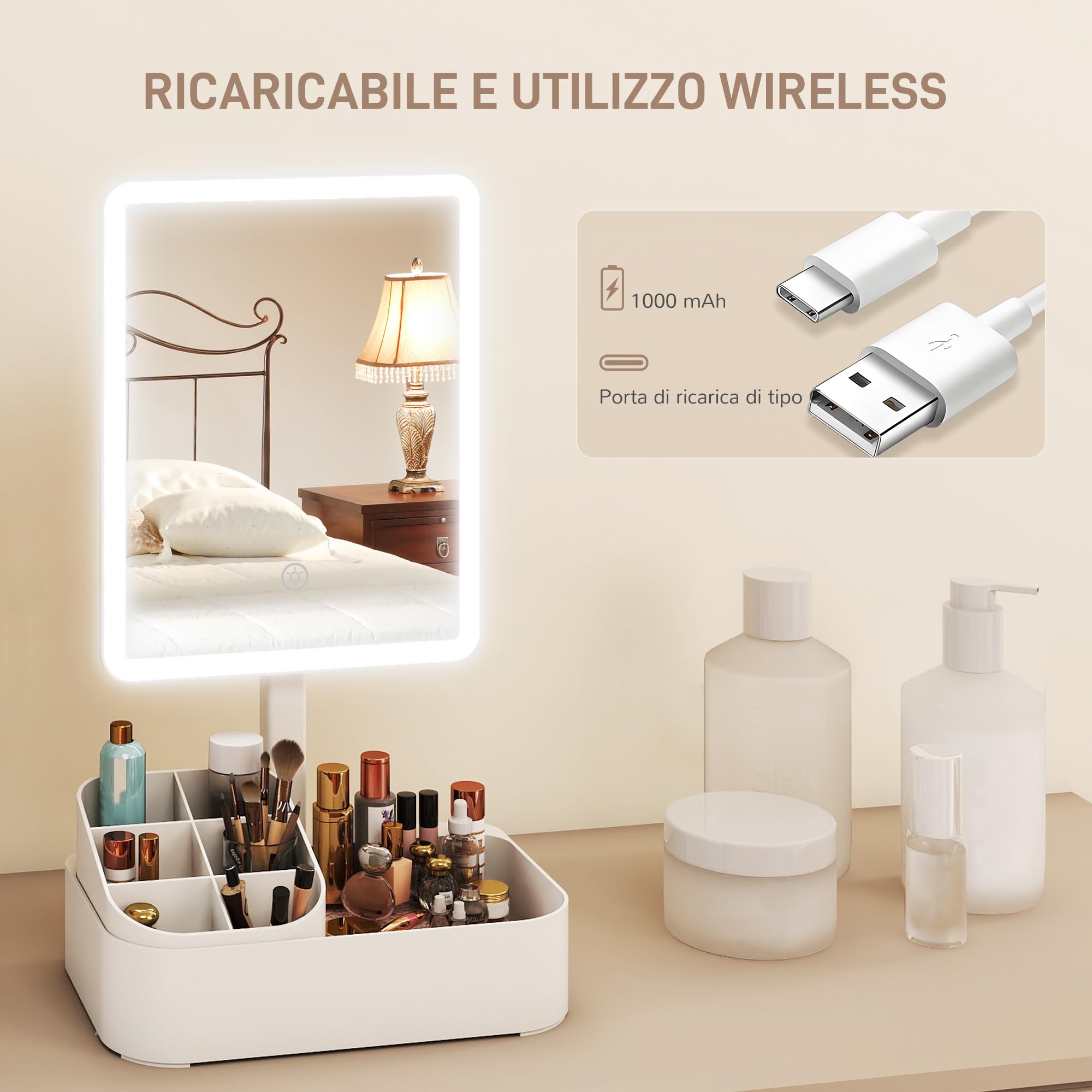 HOMCOM Specchio da Trucco con Luce Dimmerabile, Specchio Illuminato con Regolazione Touch, 2 Modalità di Illuminazione, Rotazione 180°, Specchio Rimovibile e Organizer per Trucchi, Bianco