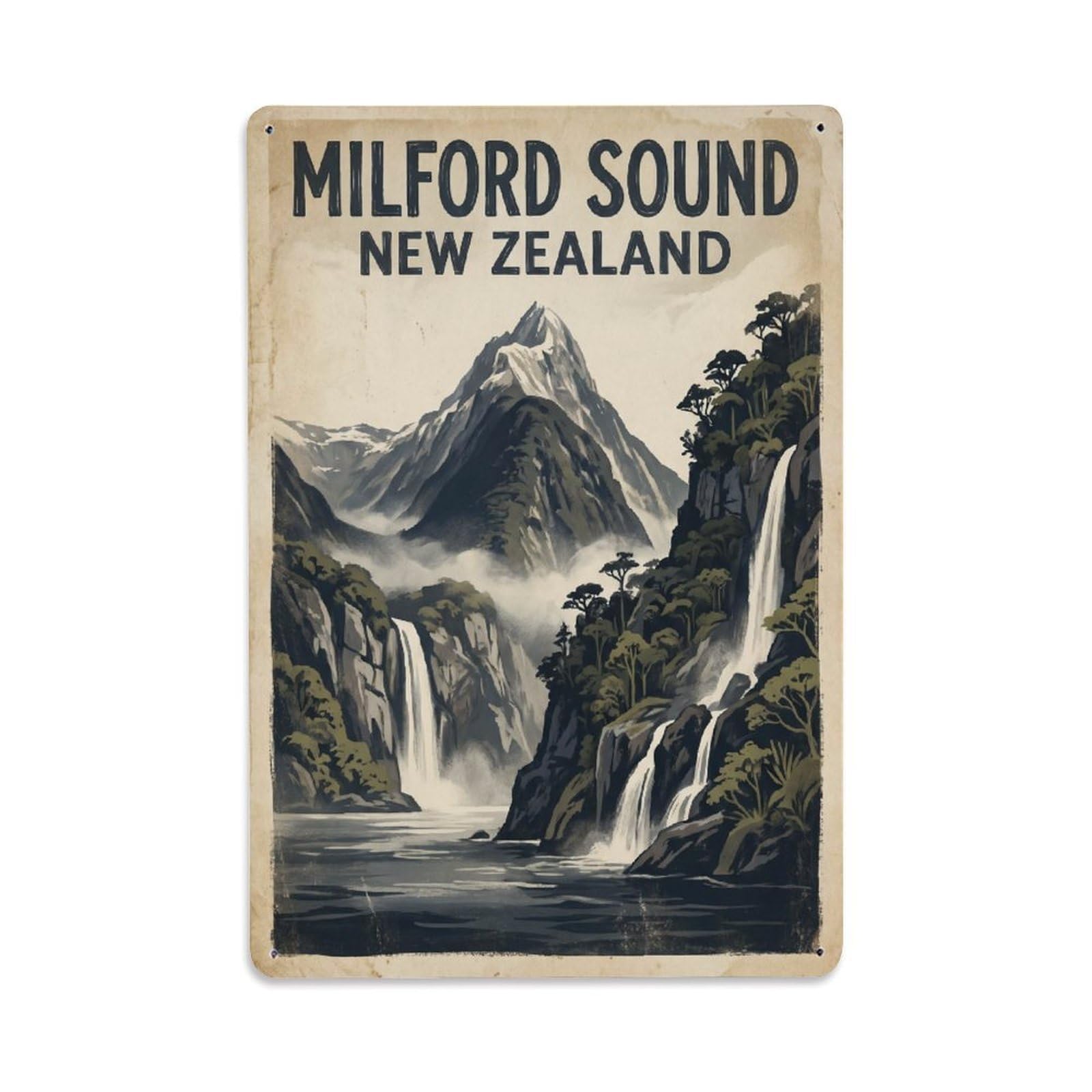 Metal Tin Sign Travel Retro New Zealand Milford Sound