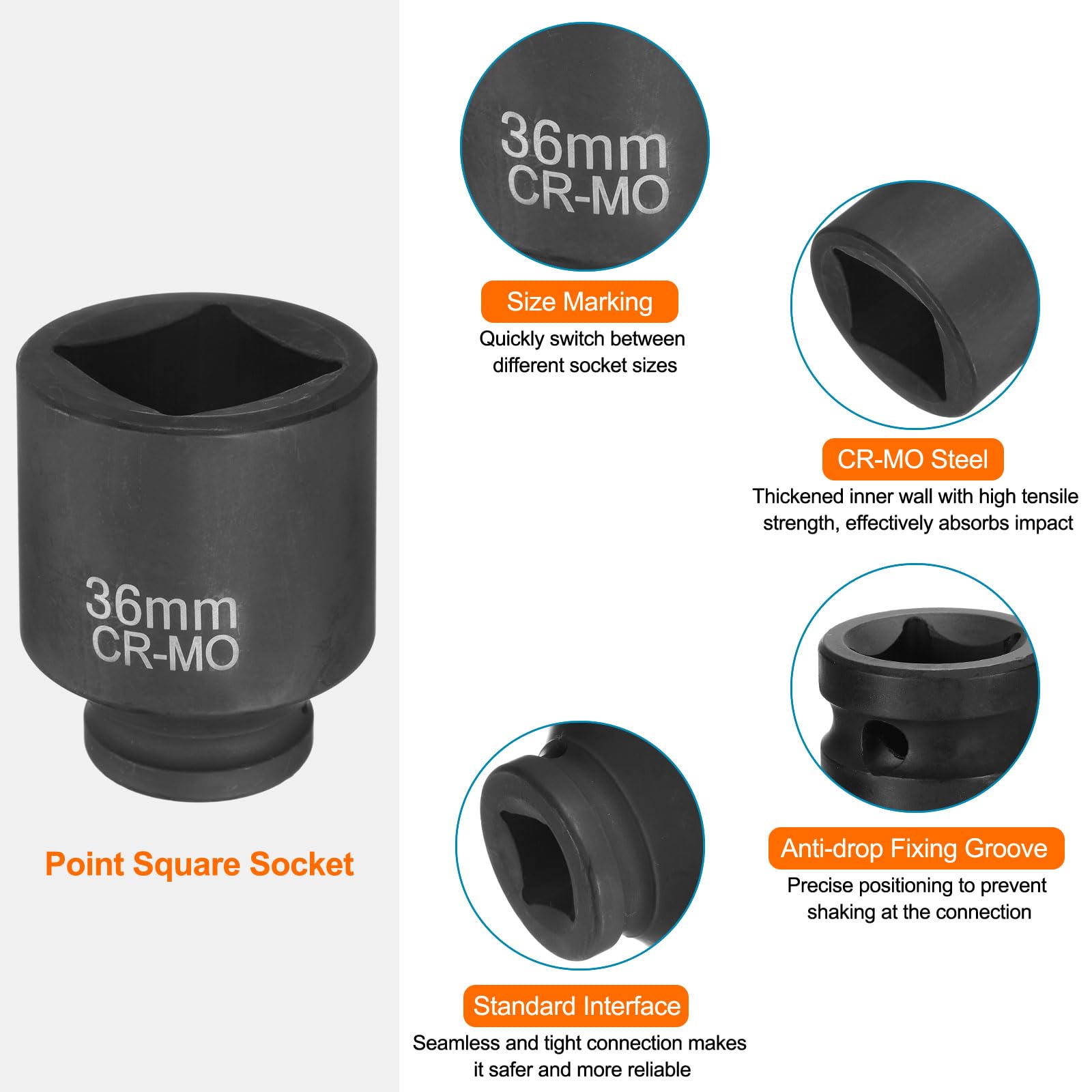 sourcing map 3 llaves de vaso cuadradas de 4 puntos de 3/4 pulgadas de 36 mm métricas cuadradas de impacto CR-MO ennegrecimiento estándar de manga neumática para reparación de automóviles