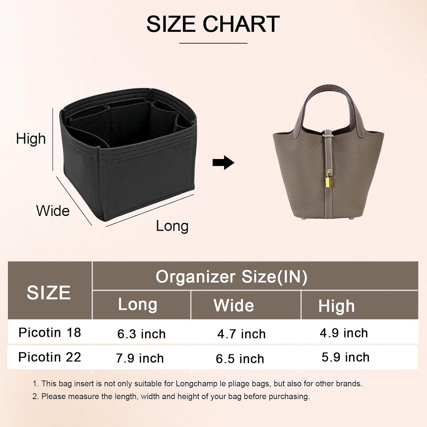Purse Organizer Felt Purse Organizer Inserts for Picotin 18 Inserts HandBag (Black, PC18) - Image 2