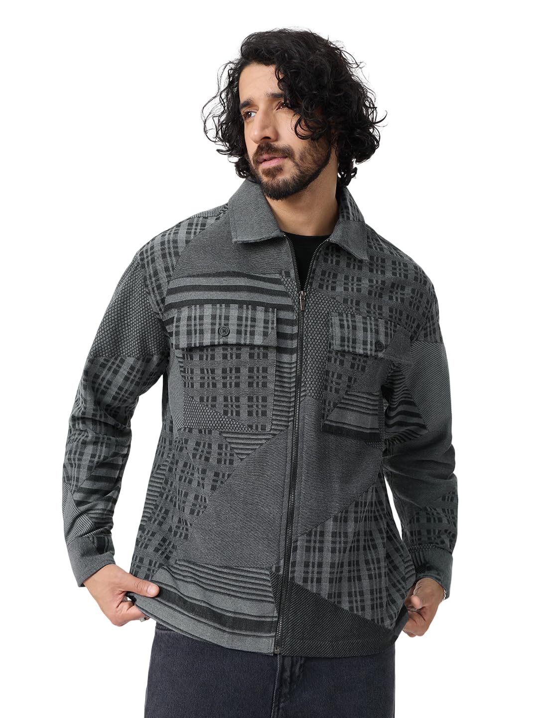 Plaid Shacket: Checkerboard Men and Boys Full Sleeves Spread Collar Dark Grey Plaid Polyester Cotton Blend Regular Fit Lightweight Everyday Jacket-image-9