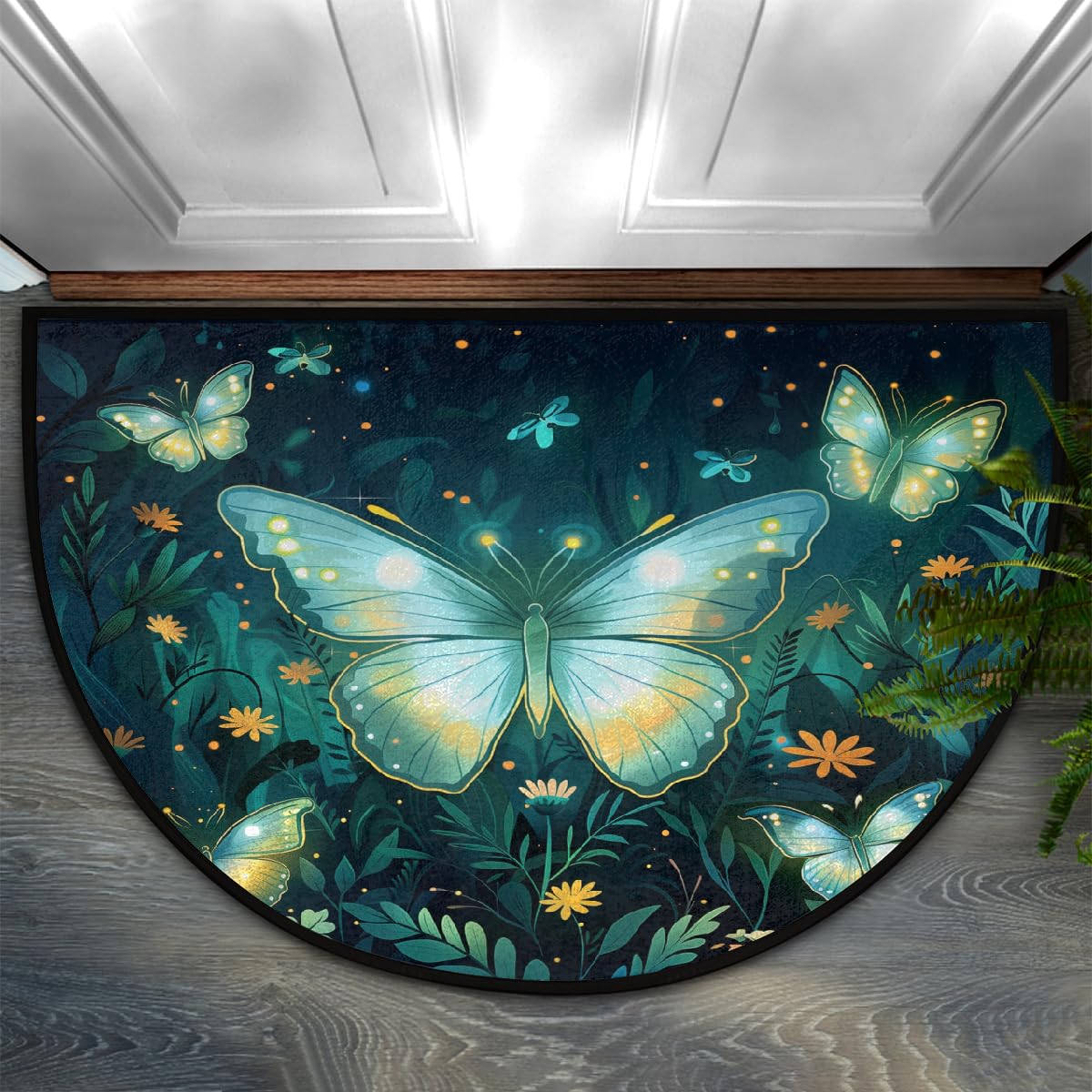 Beautiful Turquoise Butterflies Glowing Half Round Doormat 36x24 in, Soft Absorbent Entrance Rug with Non-Slip Backing, Indoor Welcome Mat for