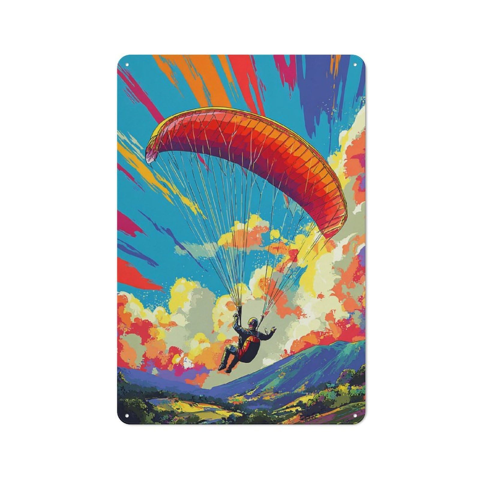 Junmoney Paraglider Soaring Through Colorful Sky Vintage Tin Sign 30X20cm, Nostalgic Retro Room Decor For Bedroom, Office, Home Bar Or Dining Room