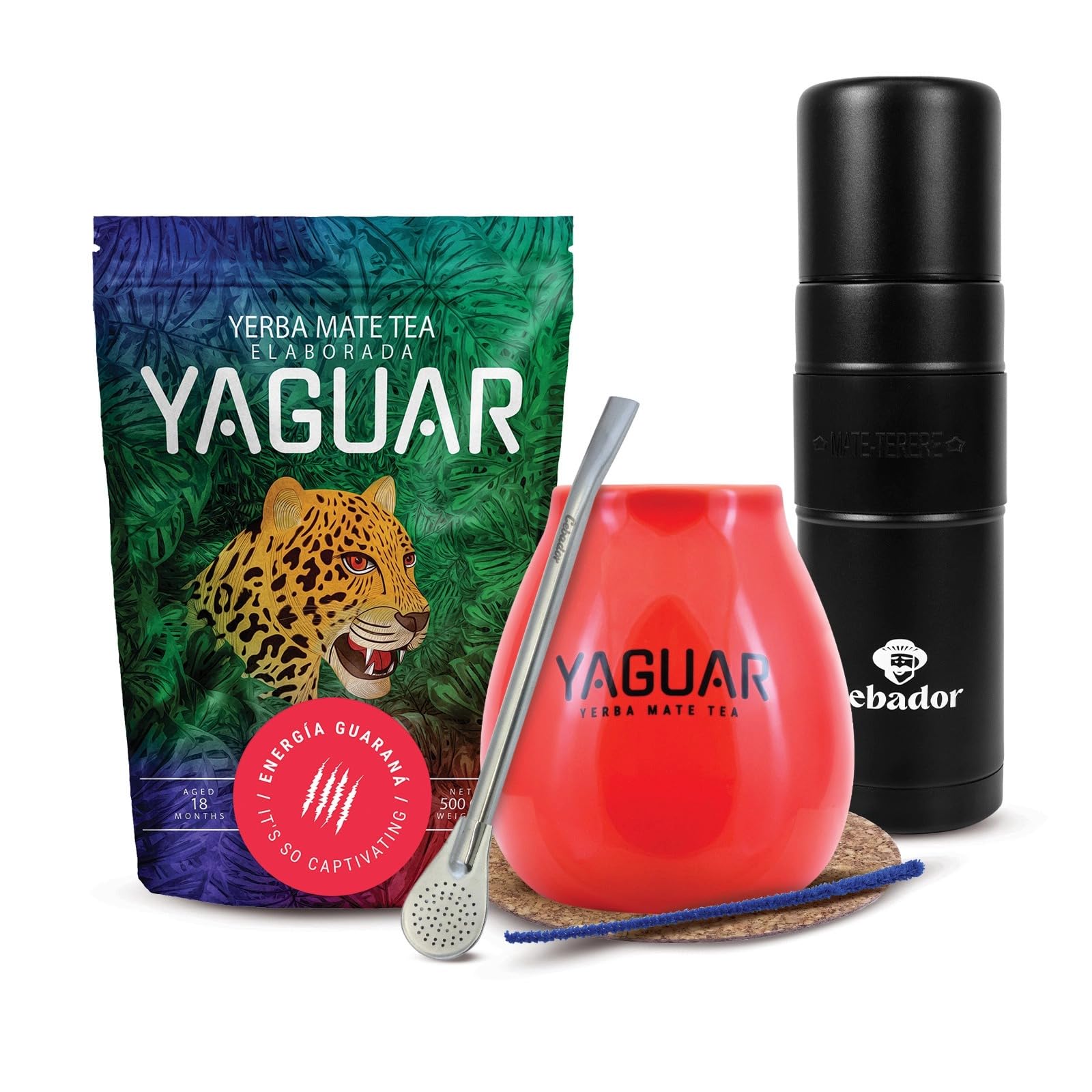 Kit yerba maté Yaguar Énergie Guaraná avec calebasse Yerbomos et bombilla