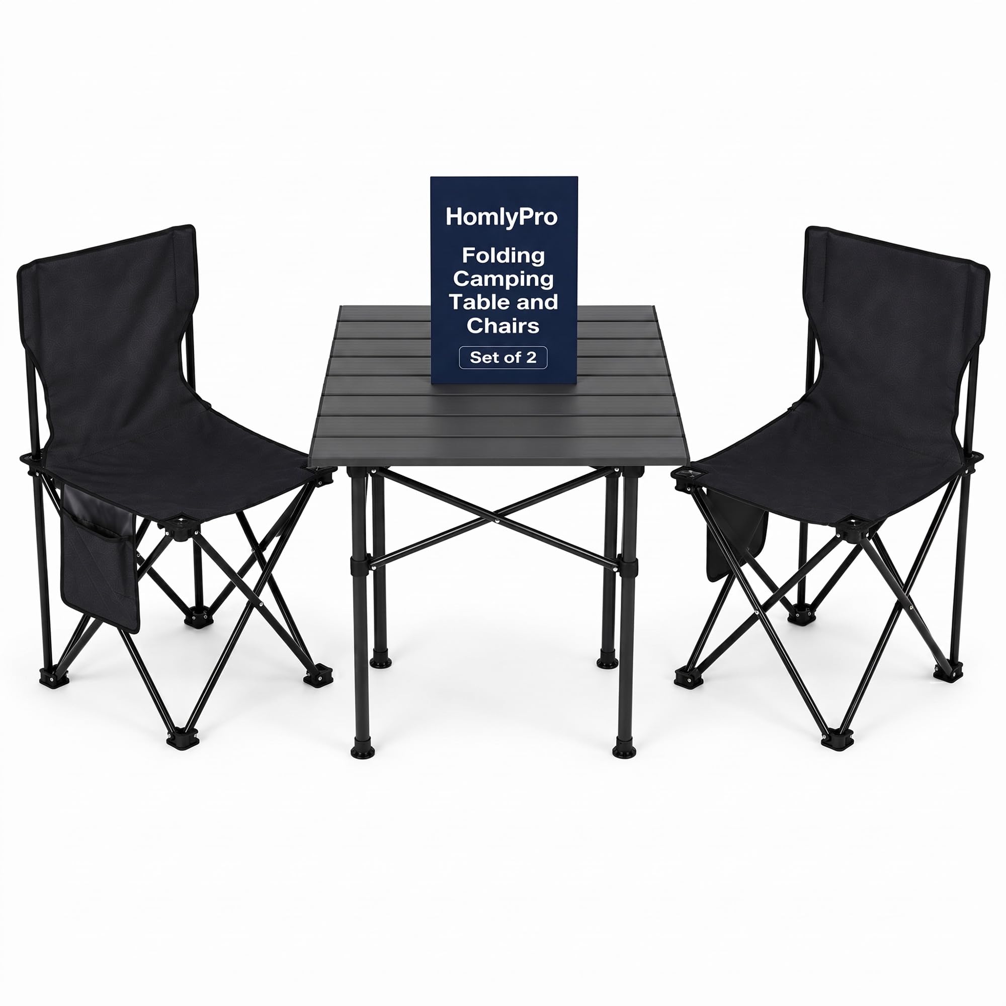 Set di 2 sedie e tavolo da campeggio pieghevoli, leggeri e resistenti, con borsa per il trasporto, per interni ed esterni, ideali per picnic e giardino, colore: nero
